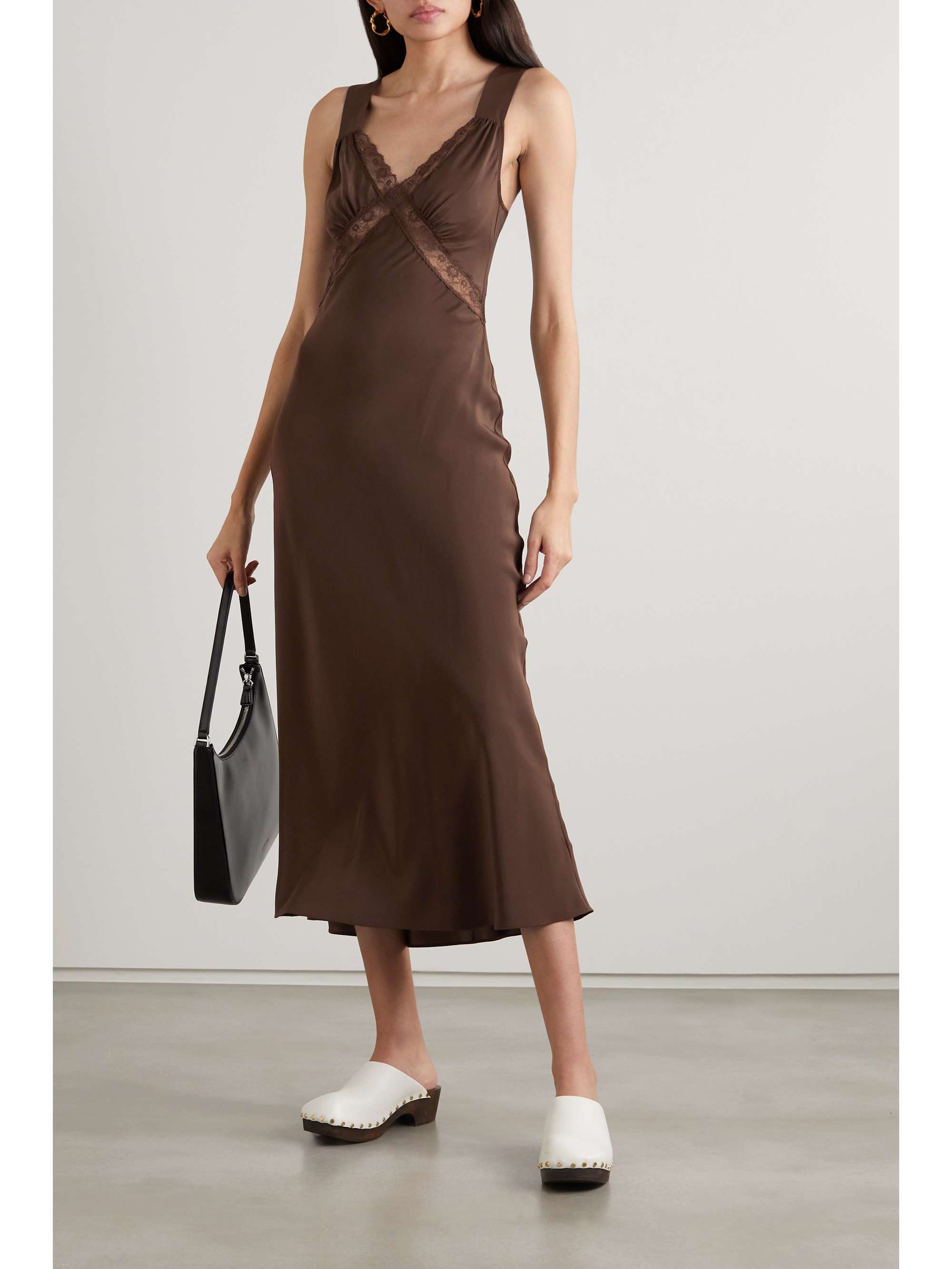 Brown Provence open-back lace-trimmed silk-charmeuse midi dress | REFORMATION | NET-A-PORTER