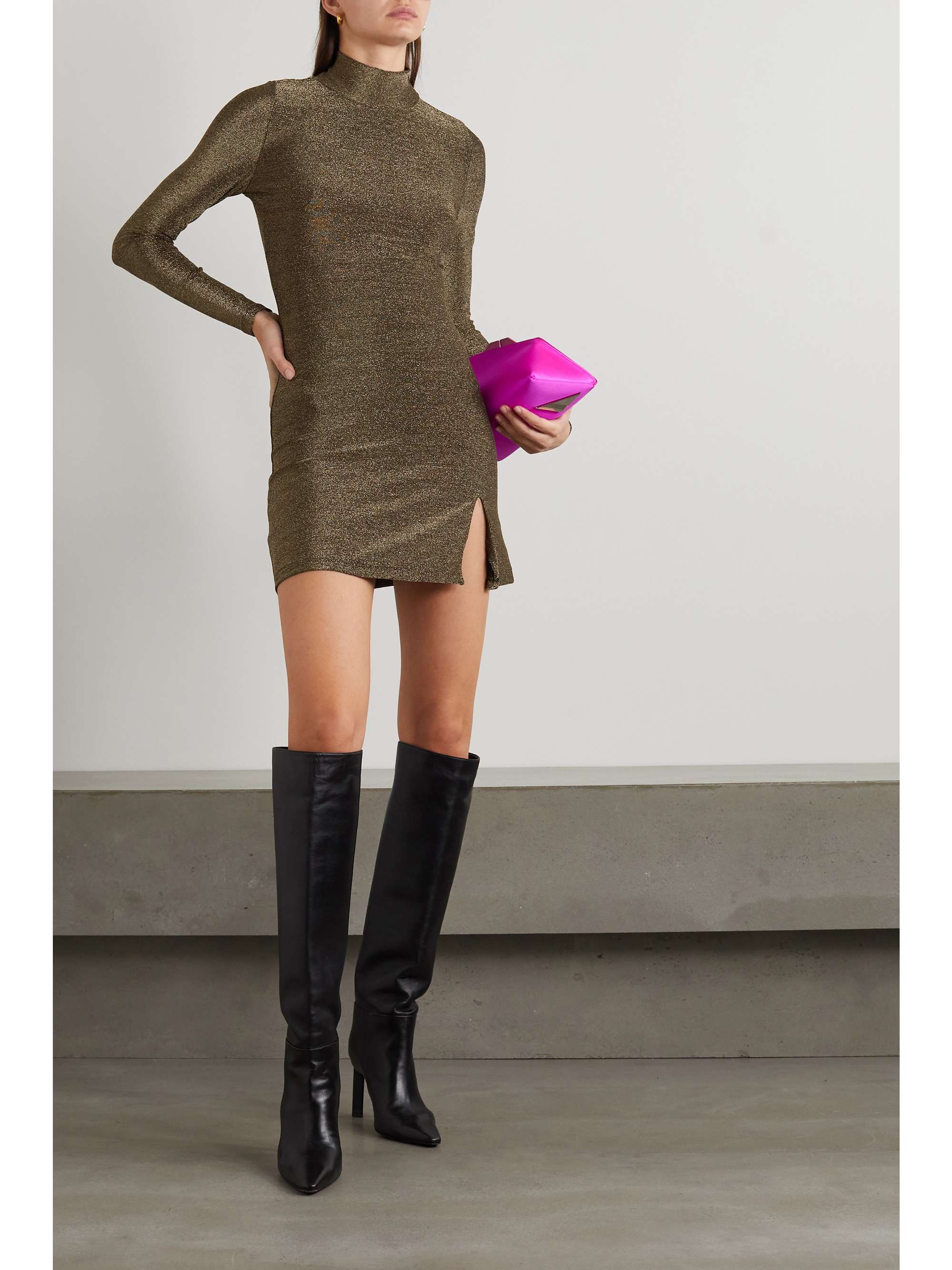 REFORMATION Hermia metallic stretch-jersey turtleneck mini dress