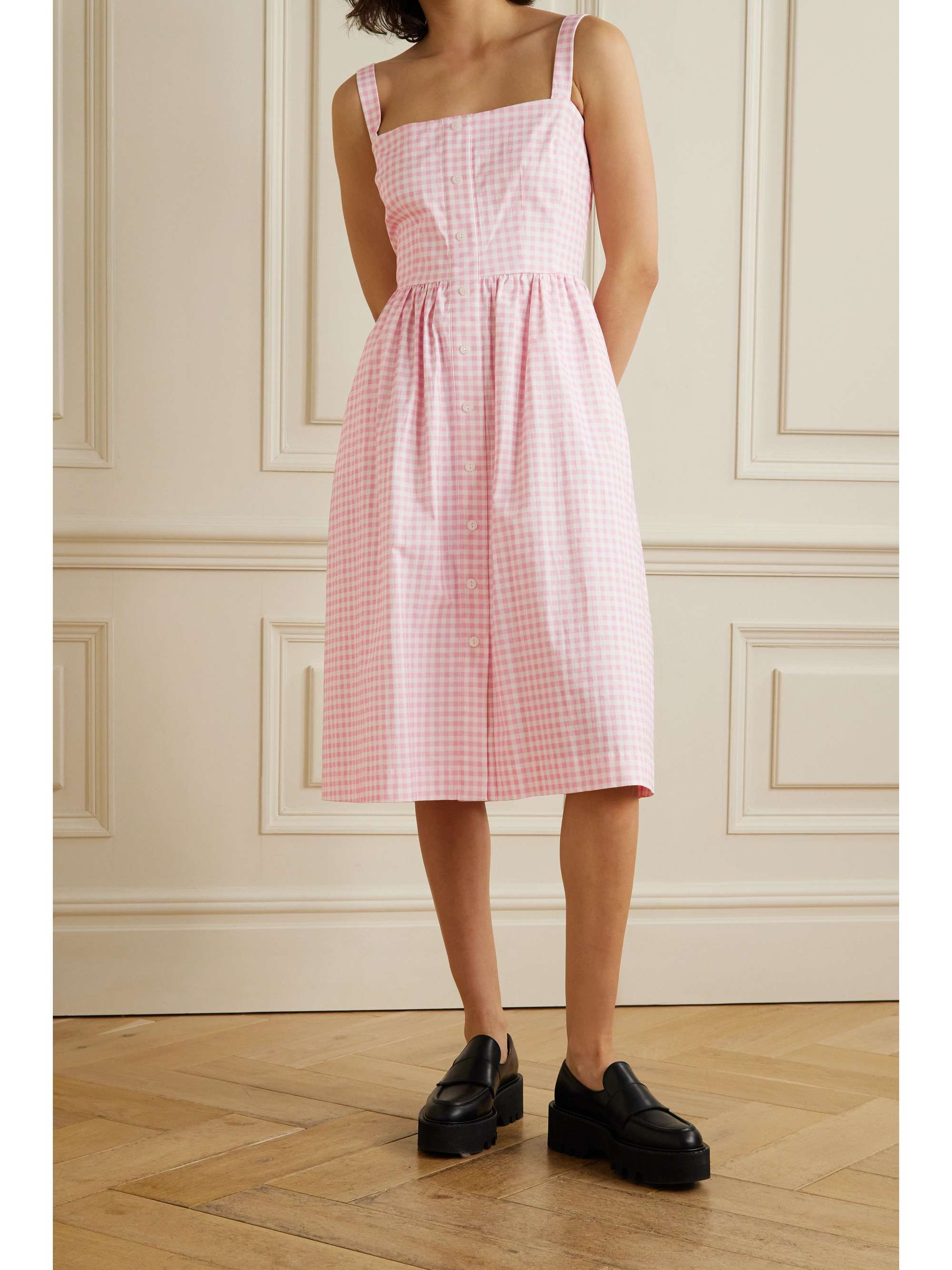 HVN Laura gathered gingham cotton-blend poplin midi dress | NET-A-PORTER