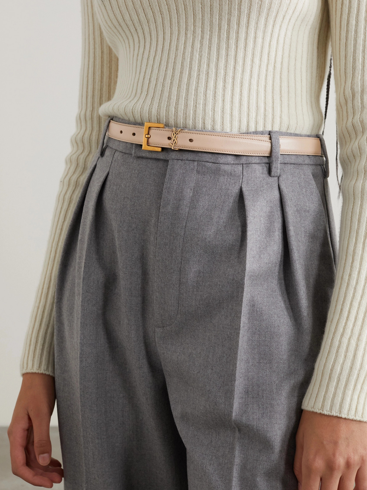 Shop Saint Laurent Cassandre Leather Belt In Neutrals