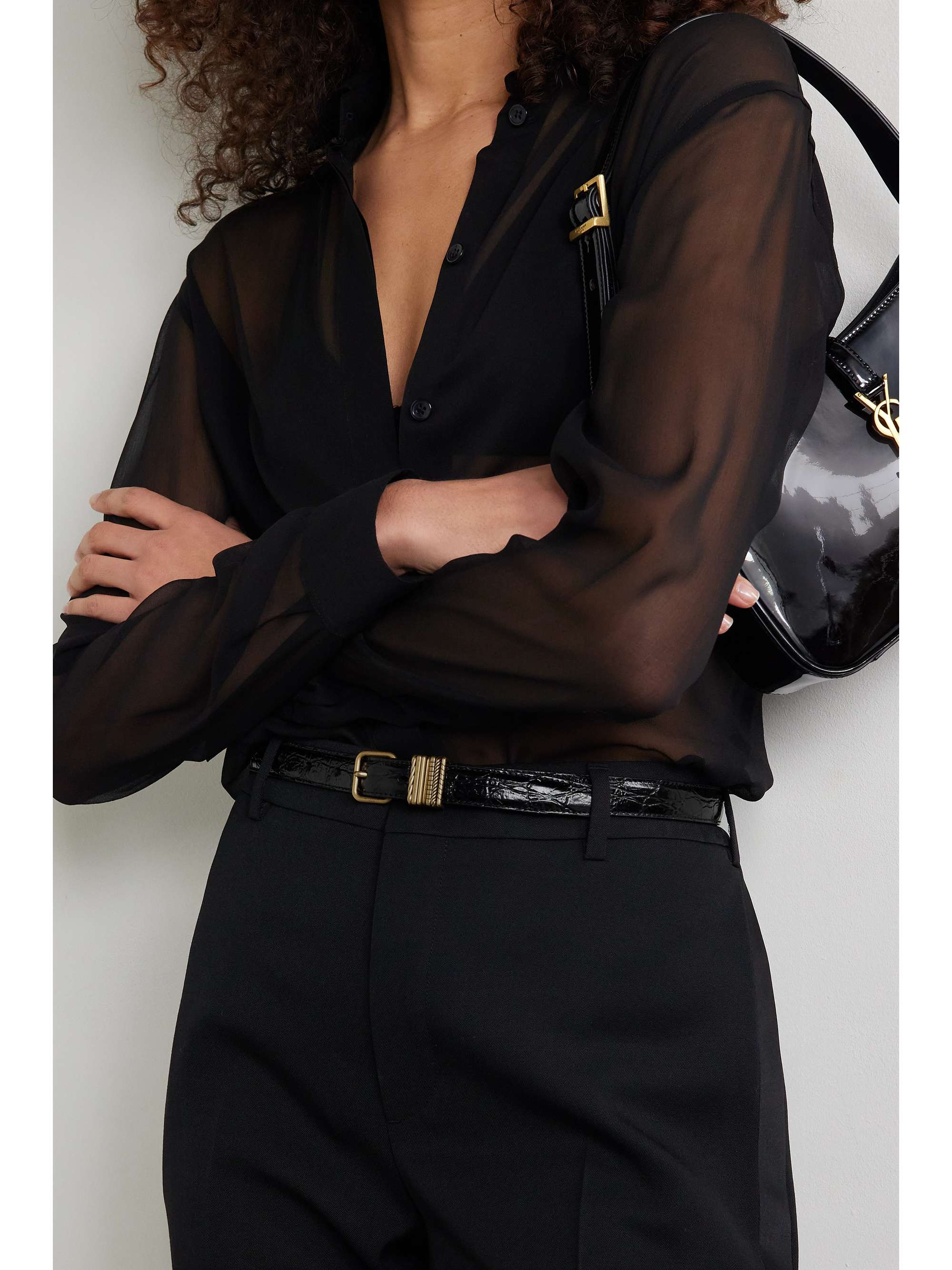 Embellished croc-effect leather belt 