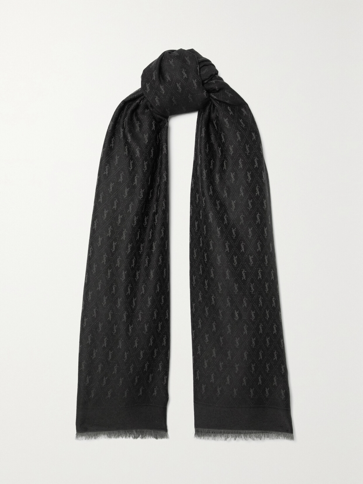 Saint Laurent Fringed Wool, Cotton And Silk-blend Jacquard Scarf In Black