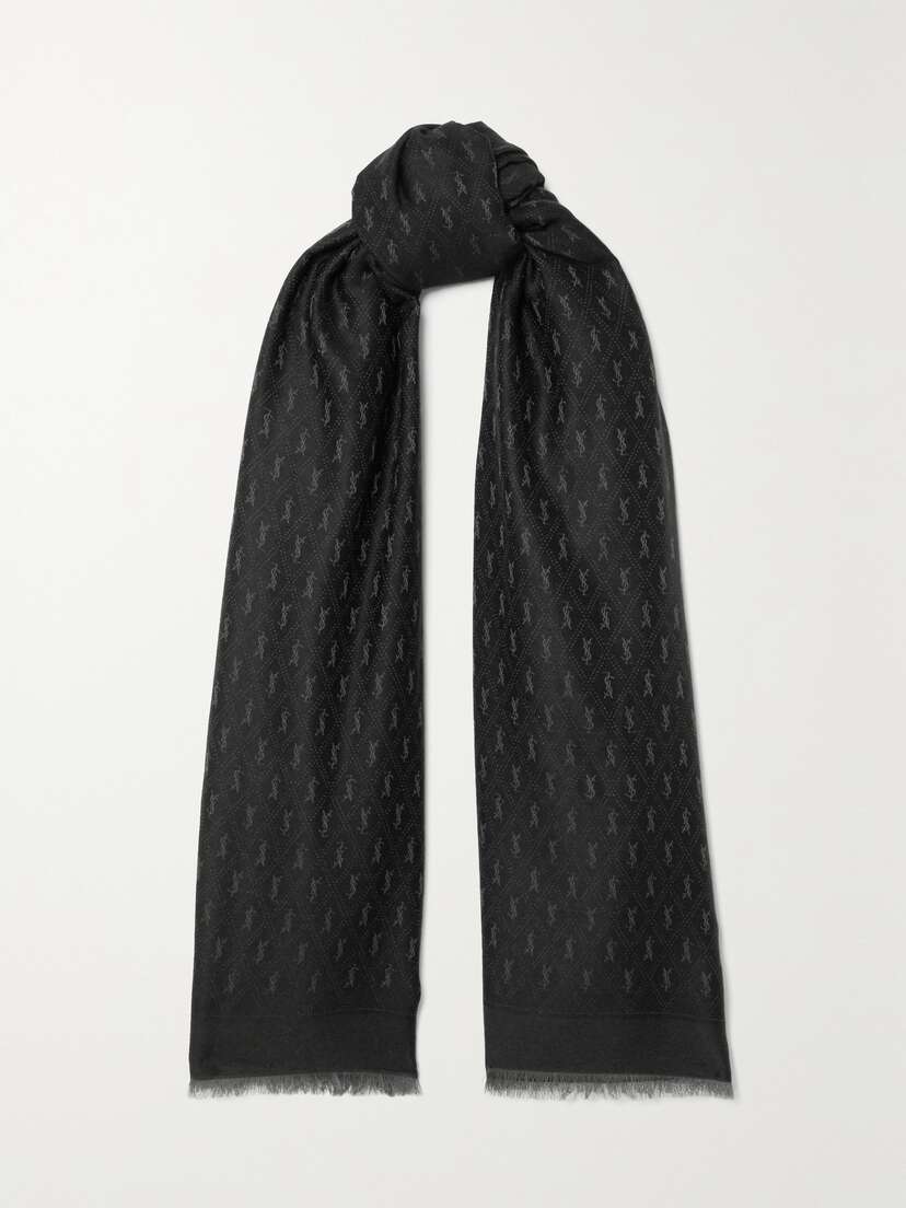 Saint Laurent Fringed Wool, Cotton And Silk-blend Jacquard Scarf