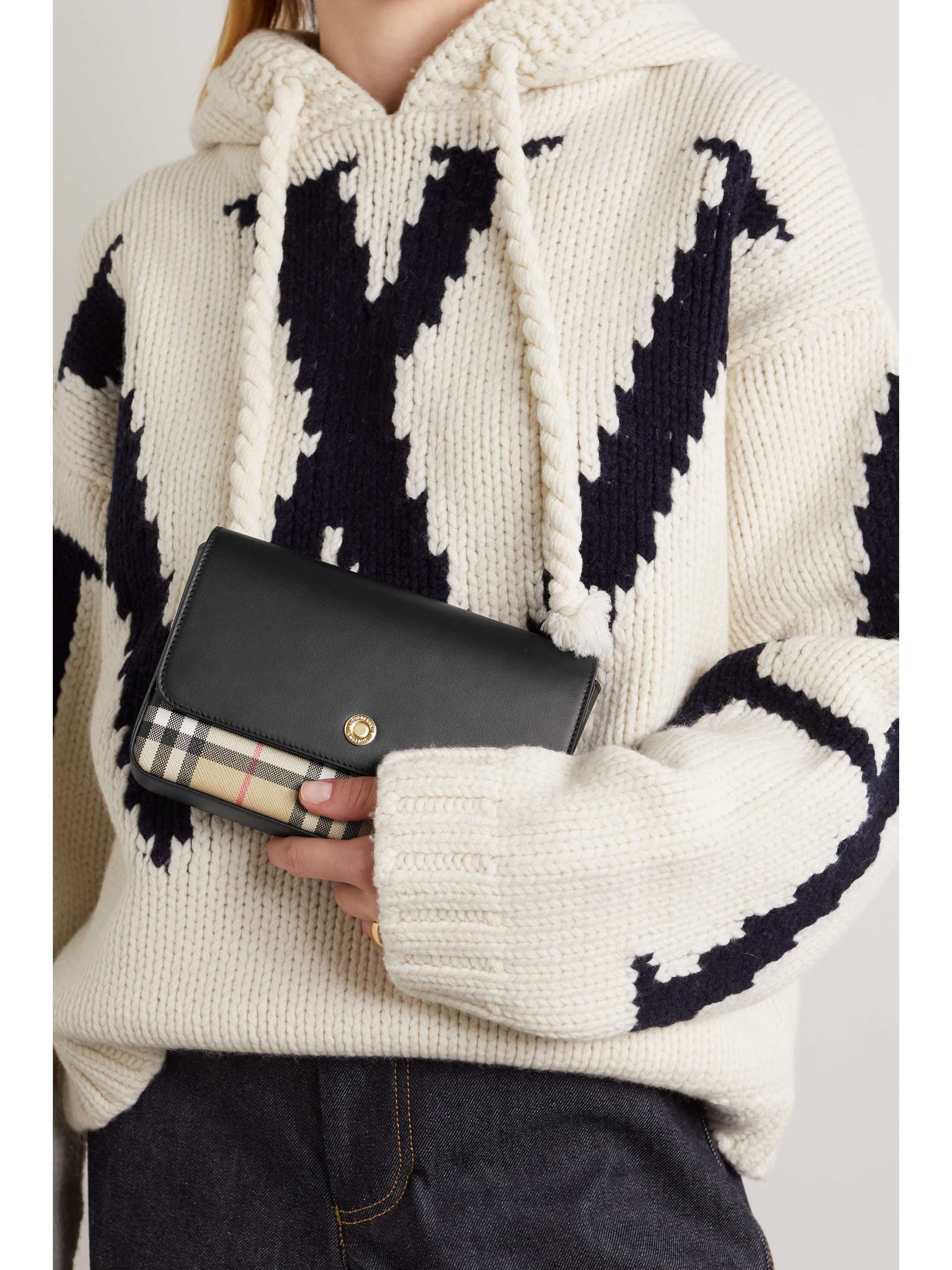 BURBERRY Small leather and checked canvas shoulder bag