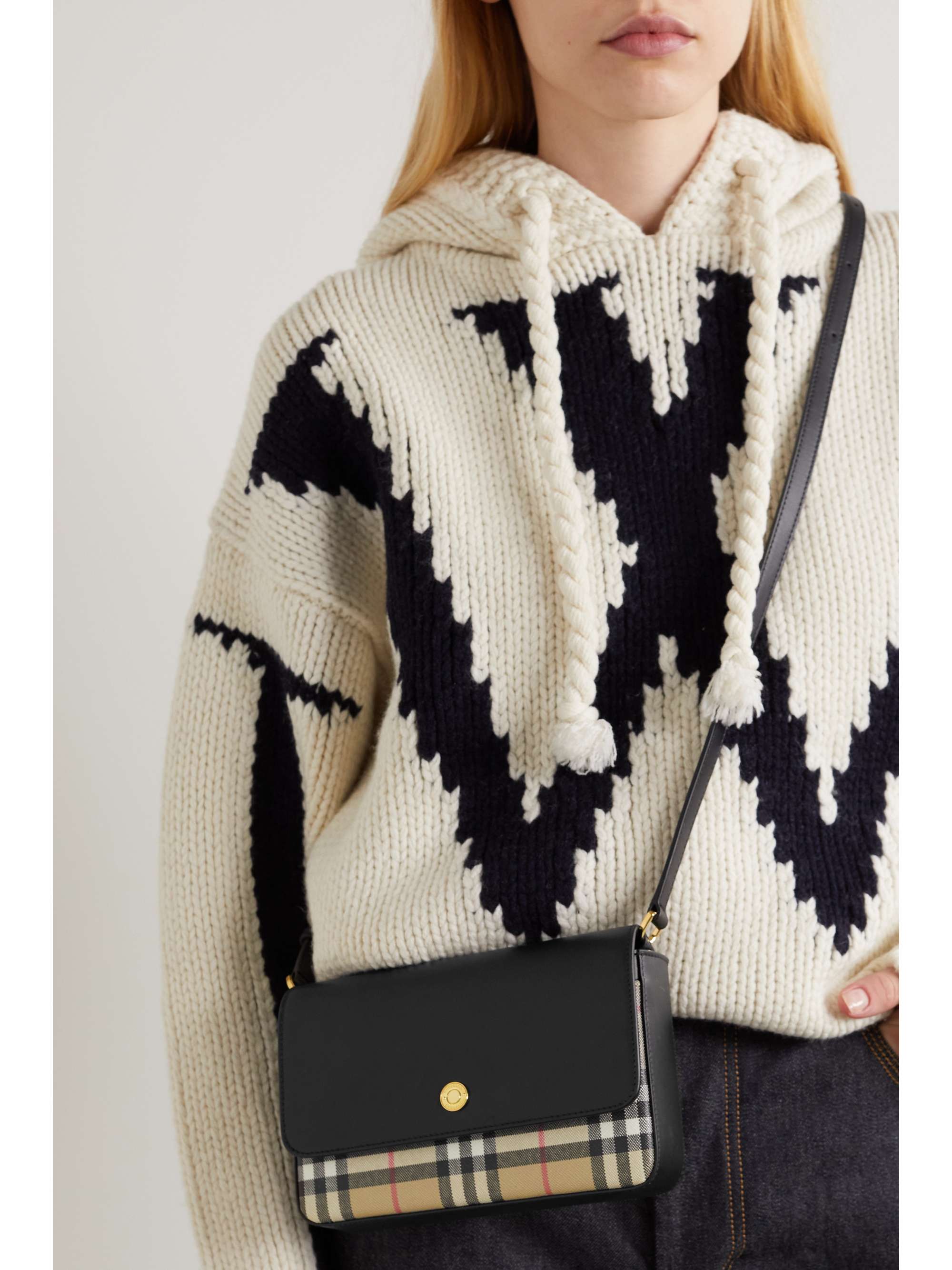 BURBERRY Small leather and checked canvas shoulder bag