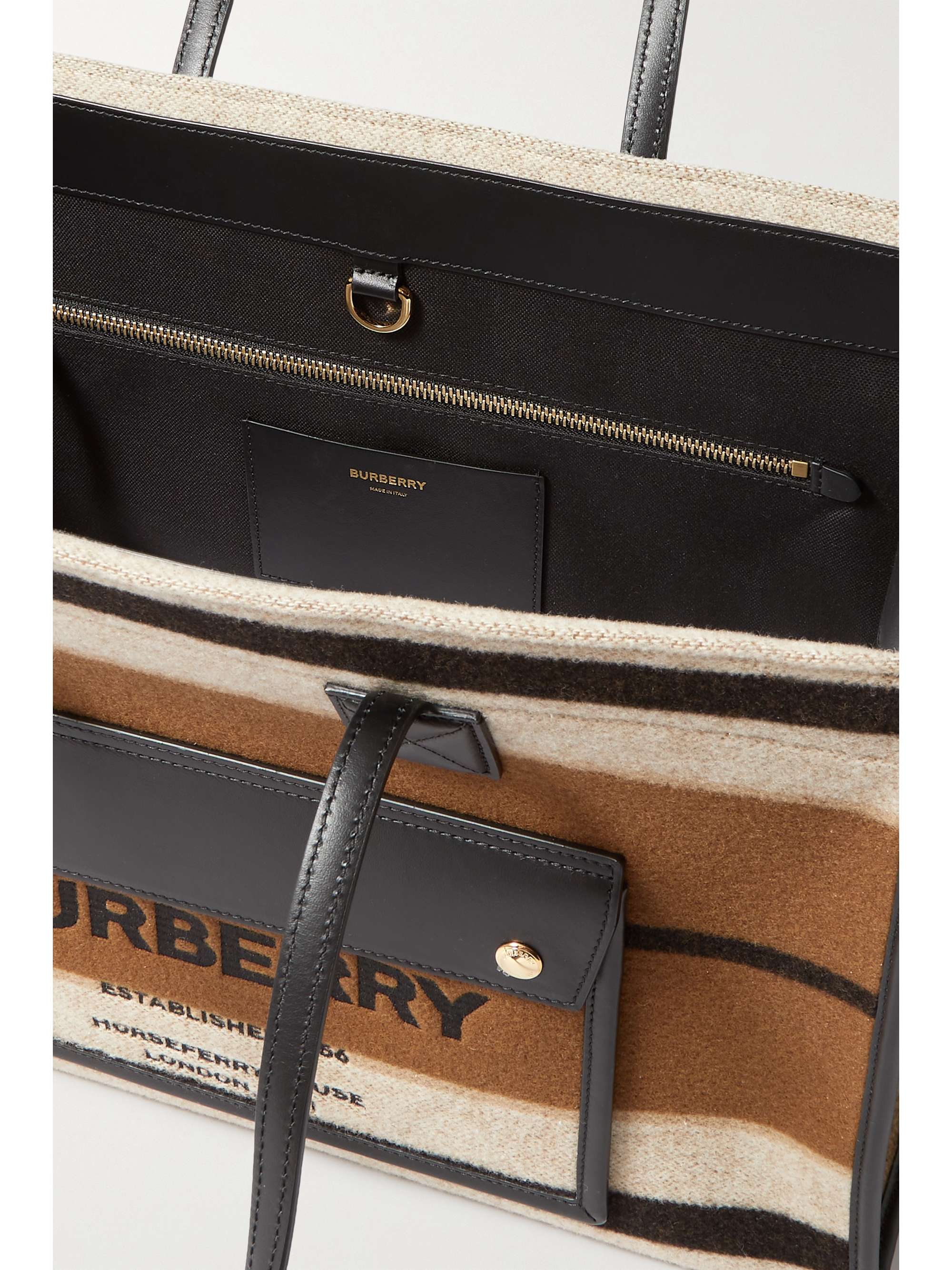 BURBERRY 皮革边饰条纹羊毛中号手提包