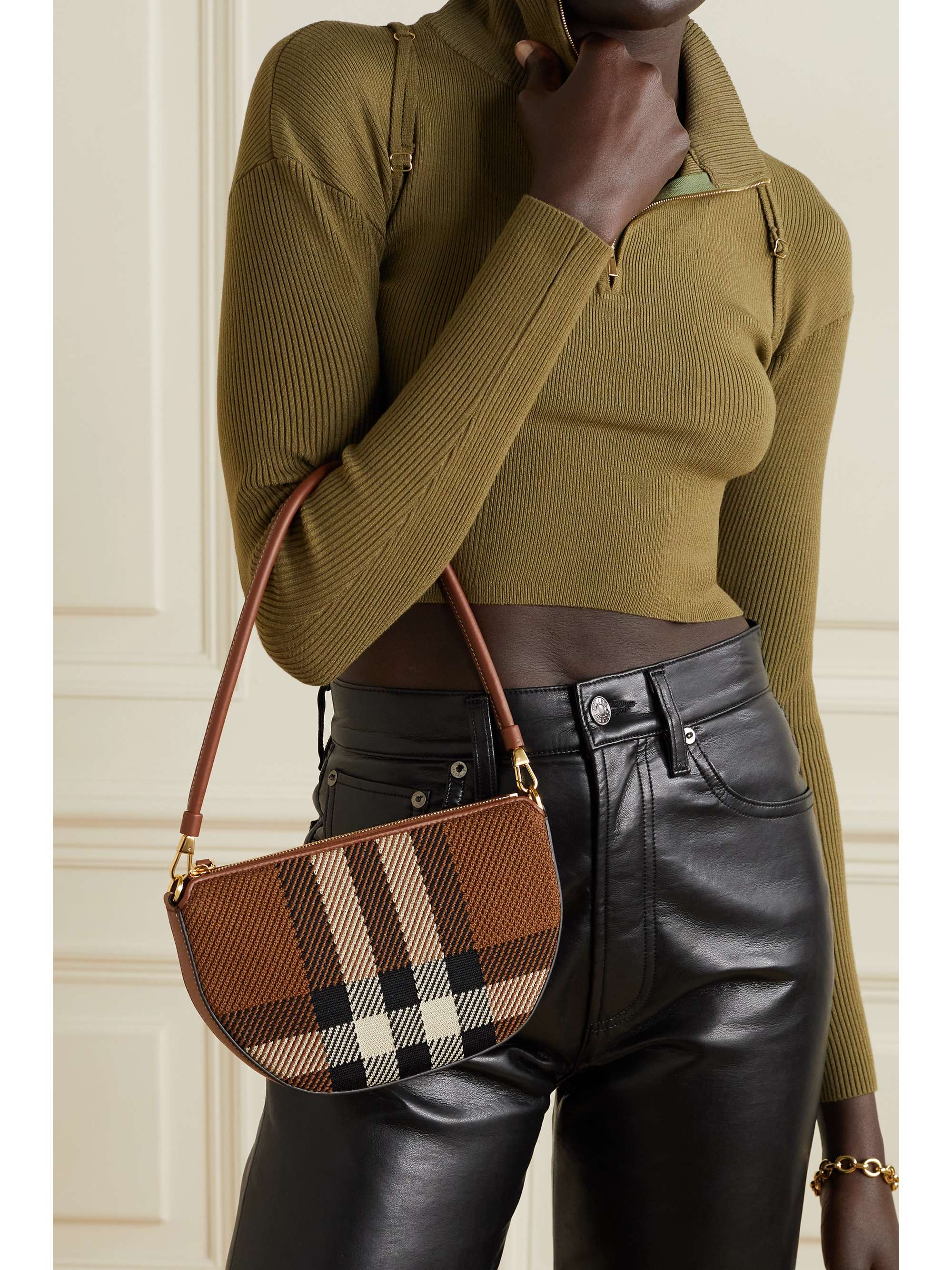 BURBERRY Leather-trimmed checked canvas shoulder bag