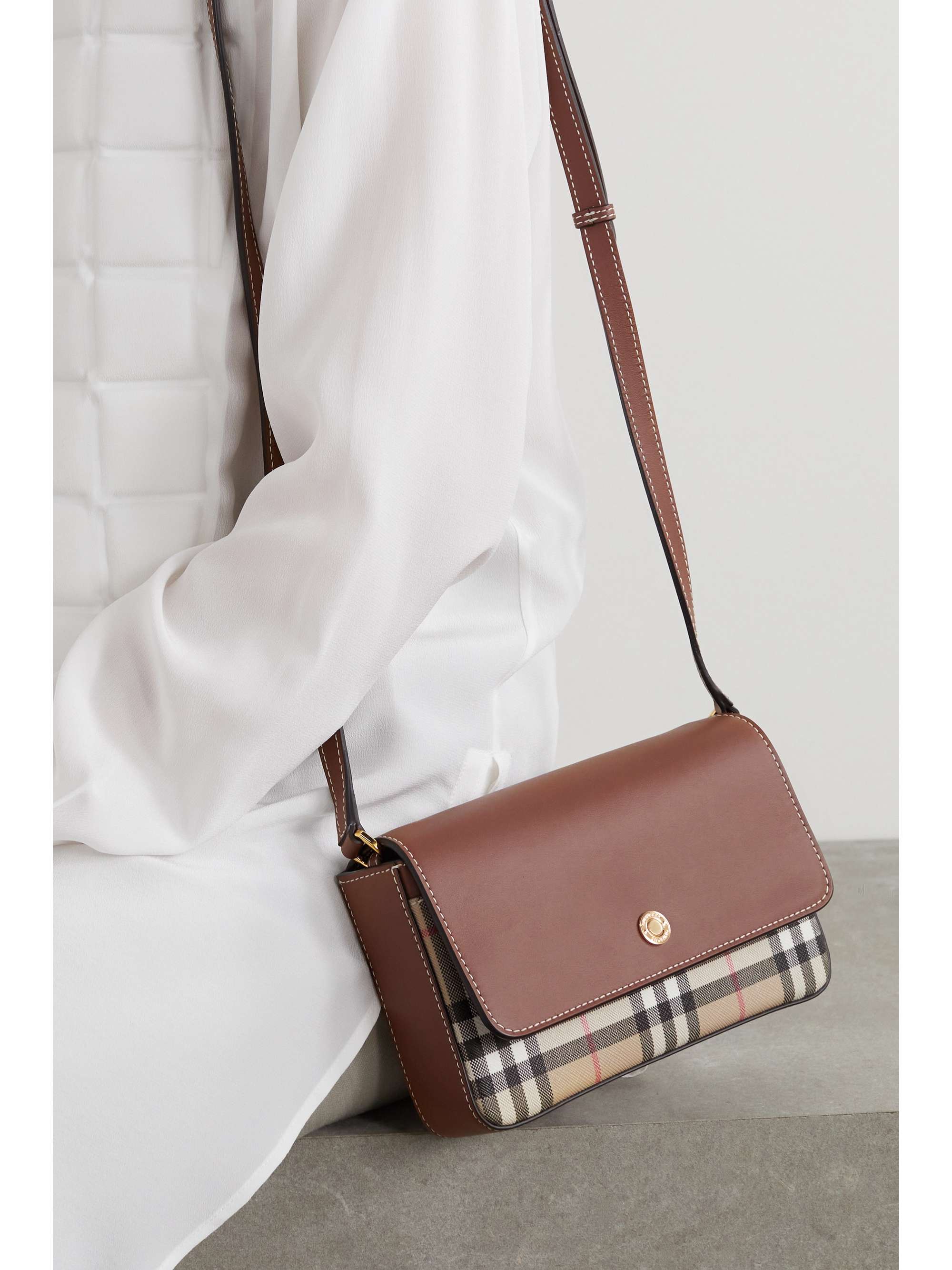 BURBERRY Small leather and checked canvas shoulder bag | NET-A-PORTER