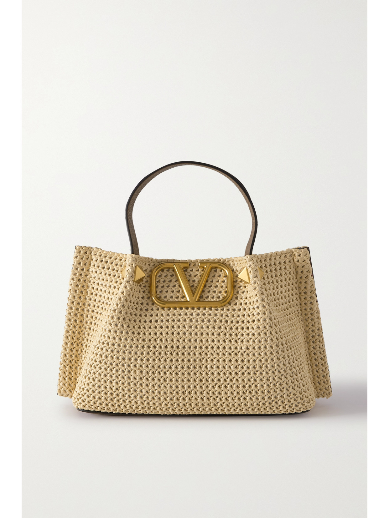 Valentino Garavani Stud Sign Small Leather-trimmed Raffia Tote In Brown