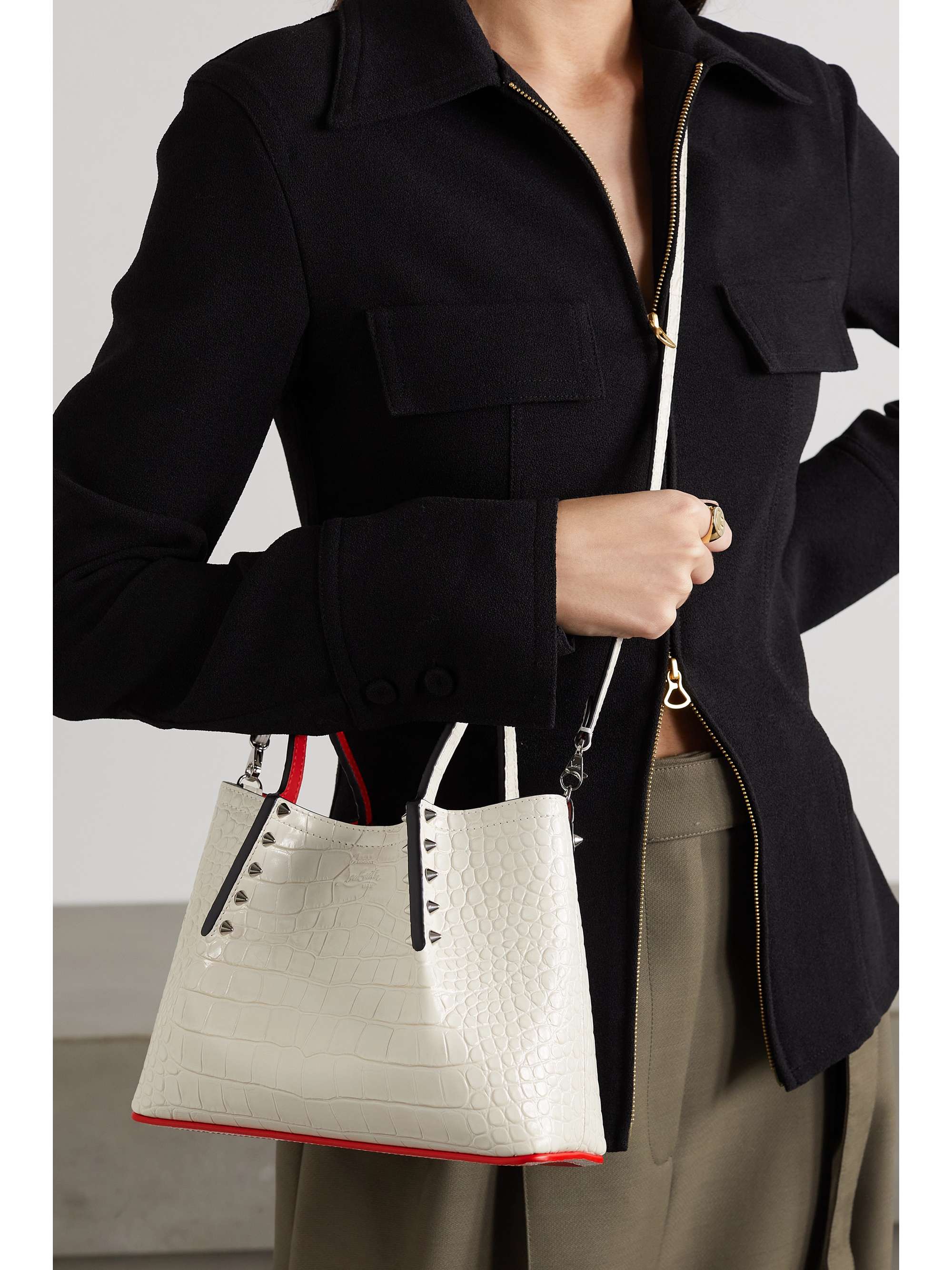 CHRISTIAN LOUBOUTIN Cabarock mini spiked croc-effect glossed-leather tote