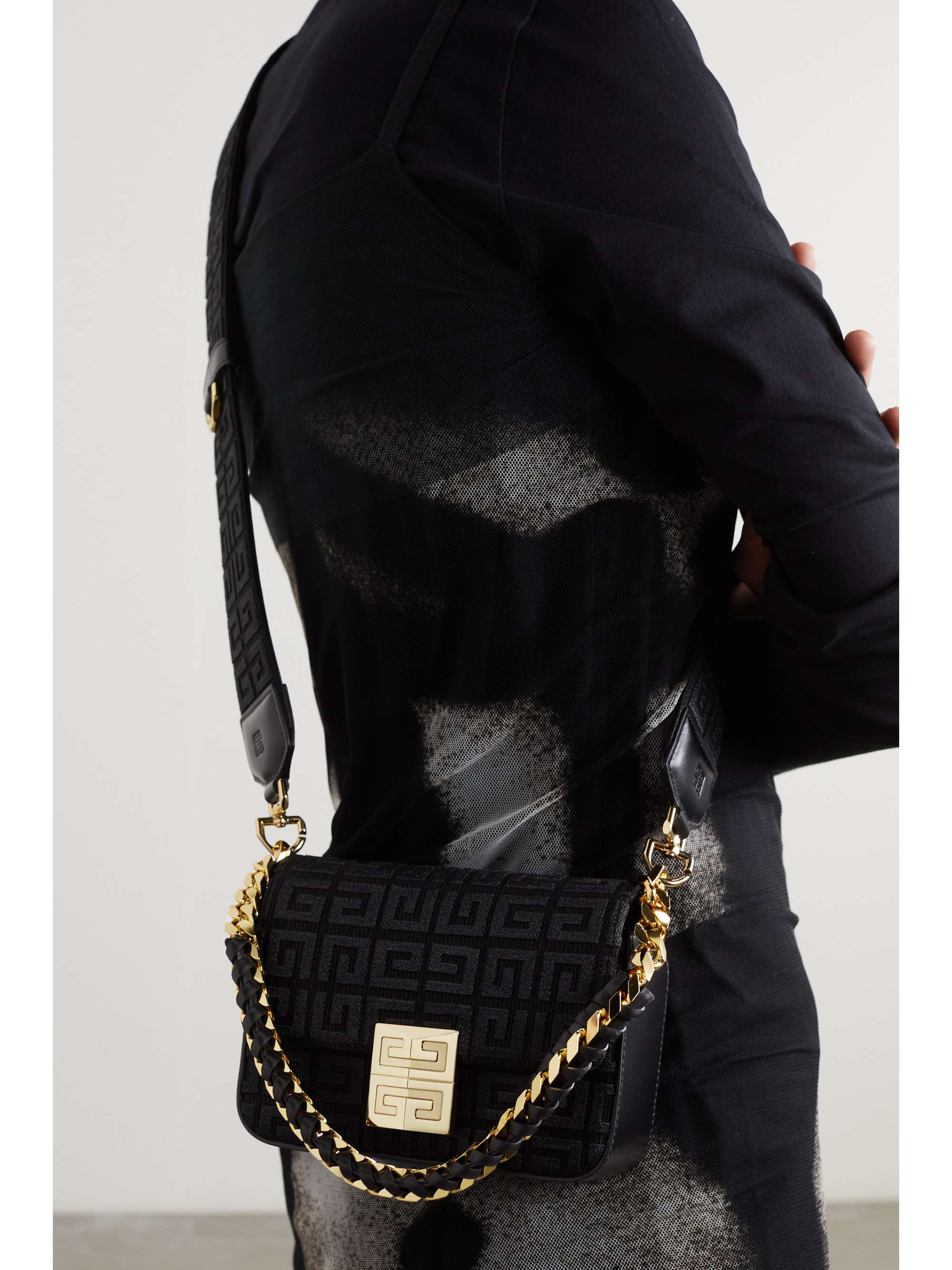 GIVENCHY 4G small embroidered canvas-paneled leather shoulder bag