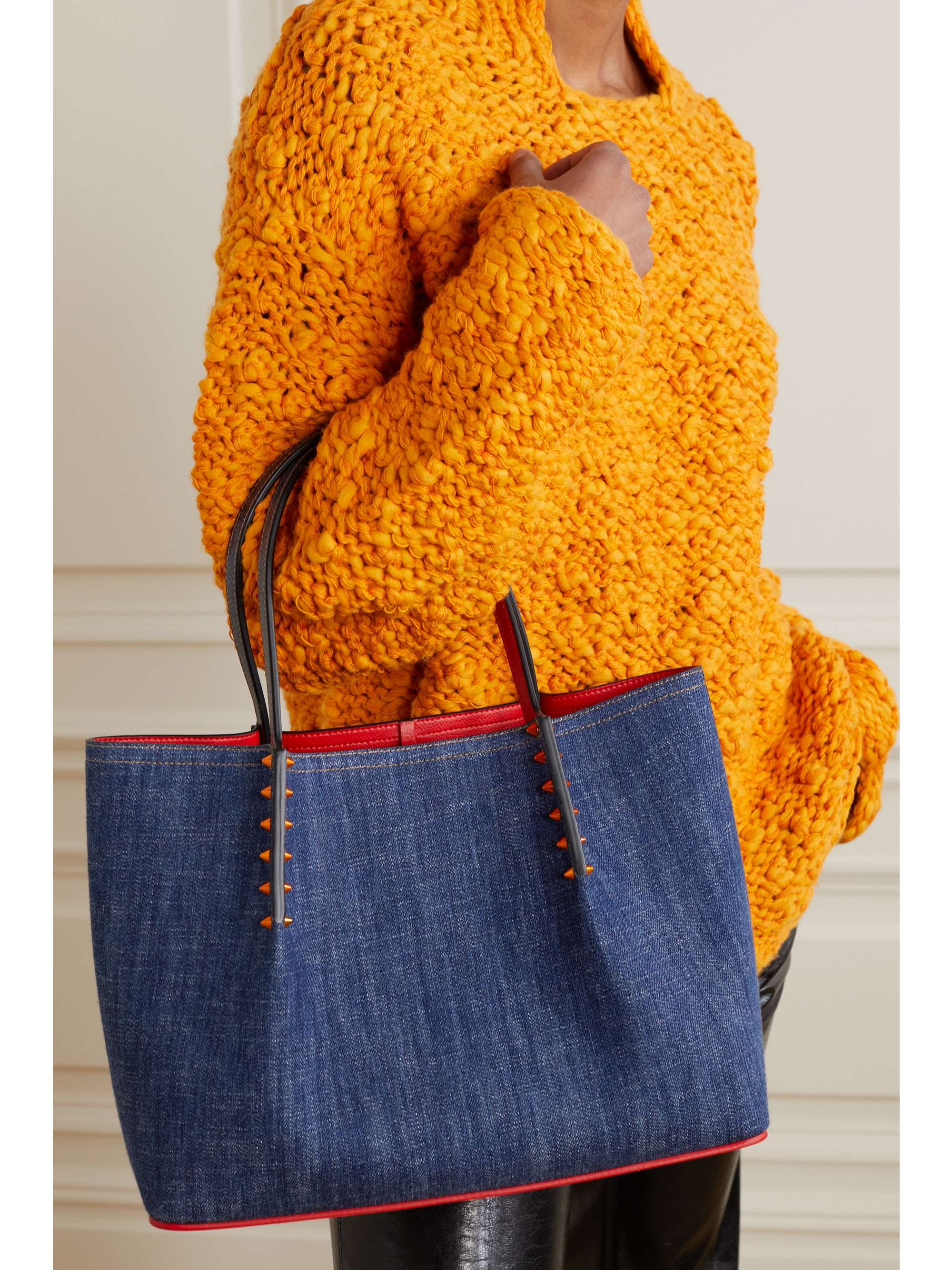 CHRISTIAN LOUBOUTIN Cabarock small spiked denim and leather tote