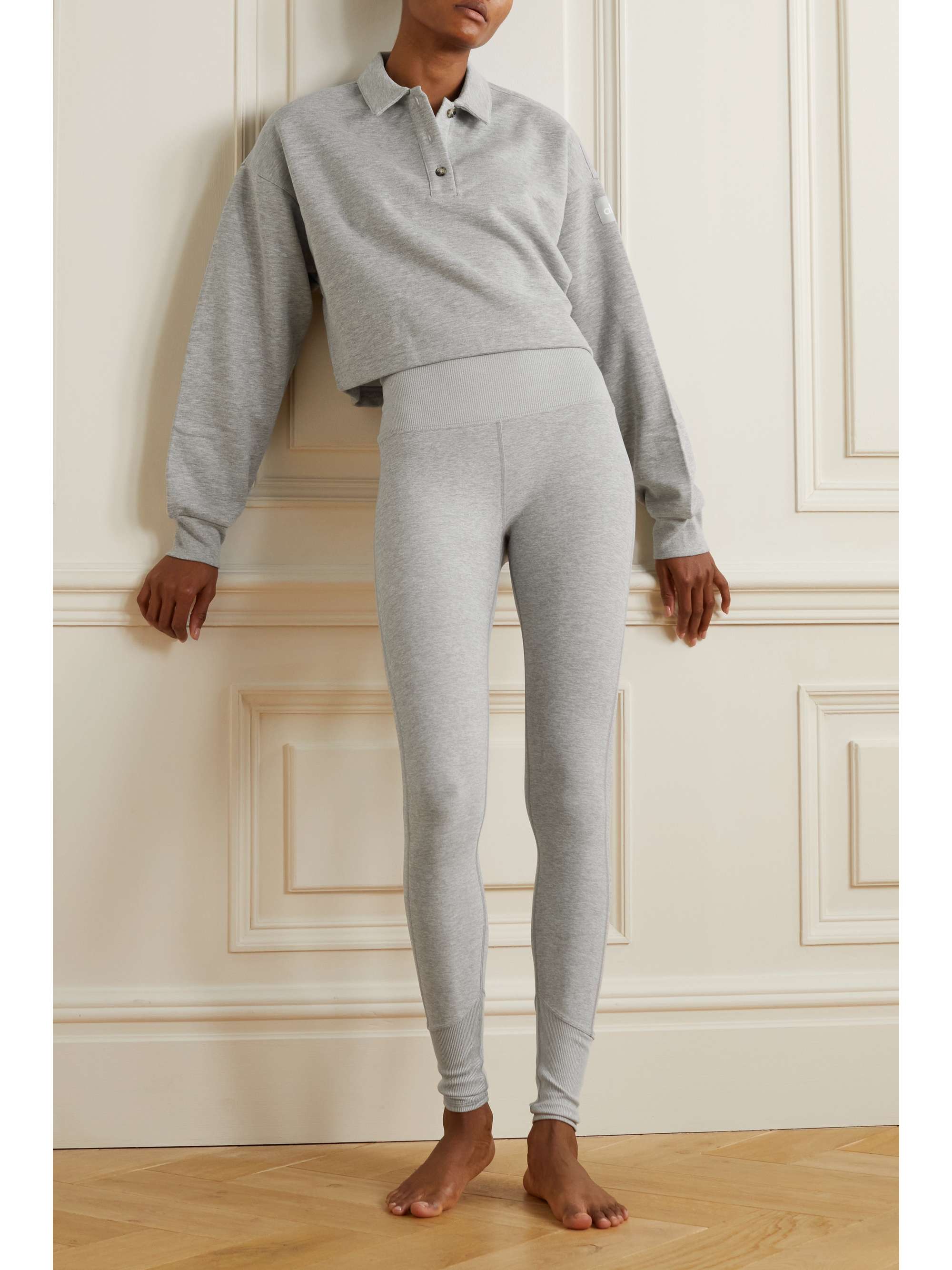 Light gray Cropped cotton-blend jersey 