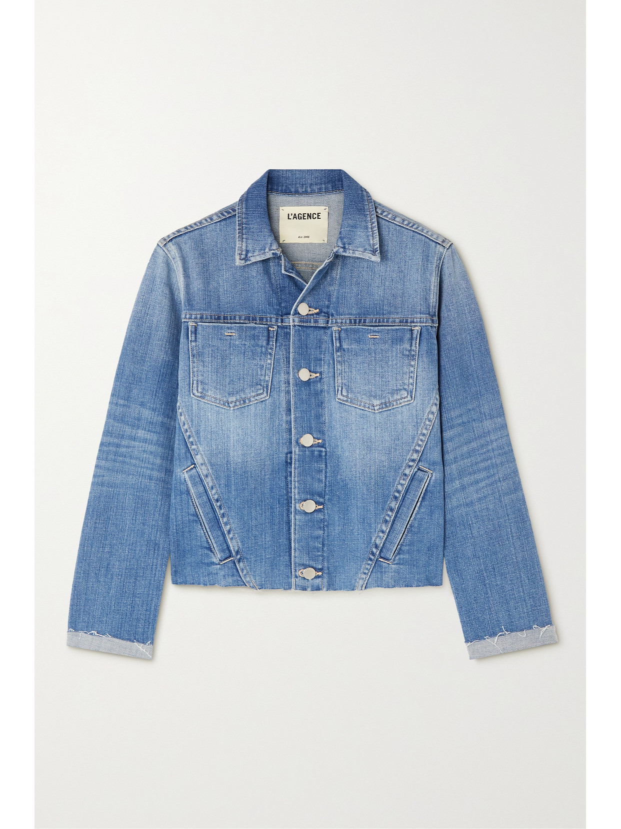 Shop L Agence Janelle Cropped Frayed Stretch-denim Jacket In Blue