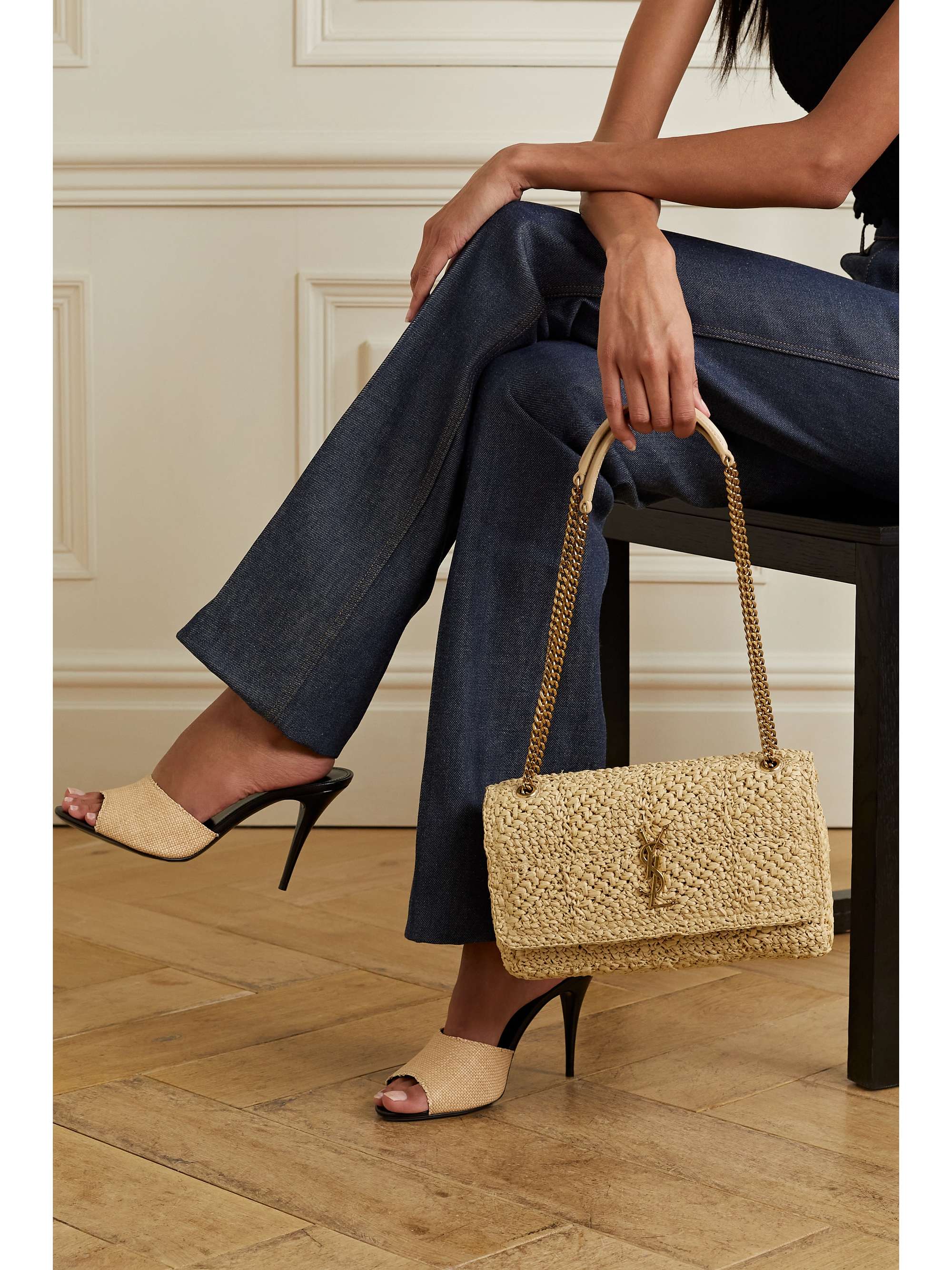 SAINT LAURENT Jamie leather-trimmed raffia shoulder bag