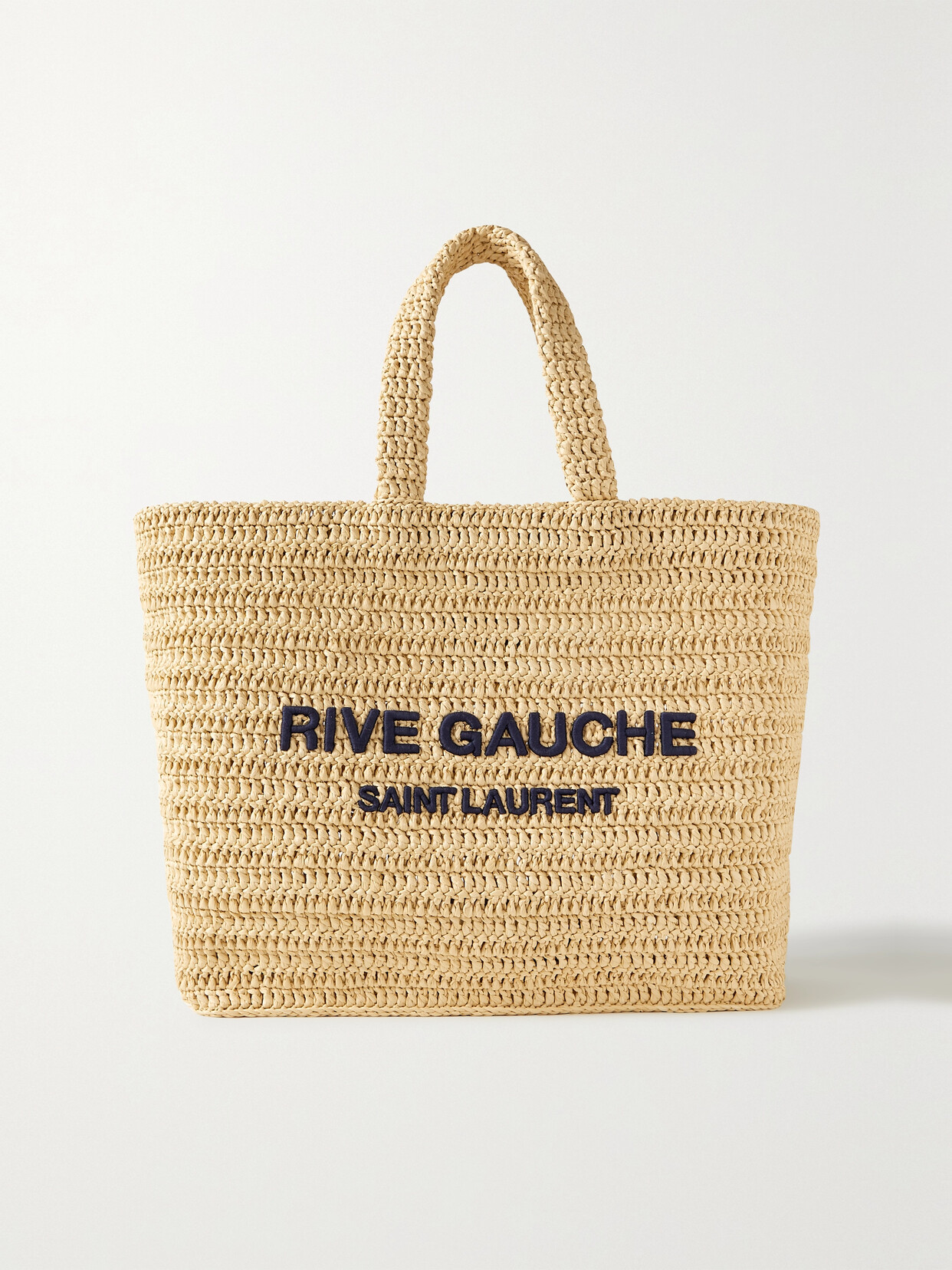 SAINT LAURENT RIVE GAUCHE EMBROIDERED CROCHETED RAFFIA TOTE