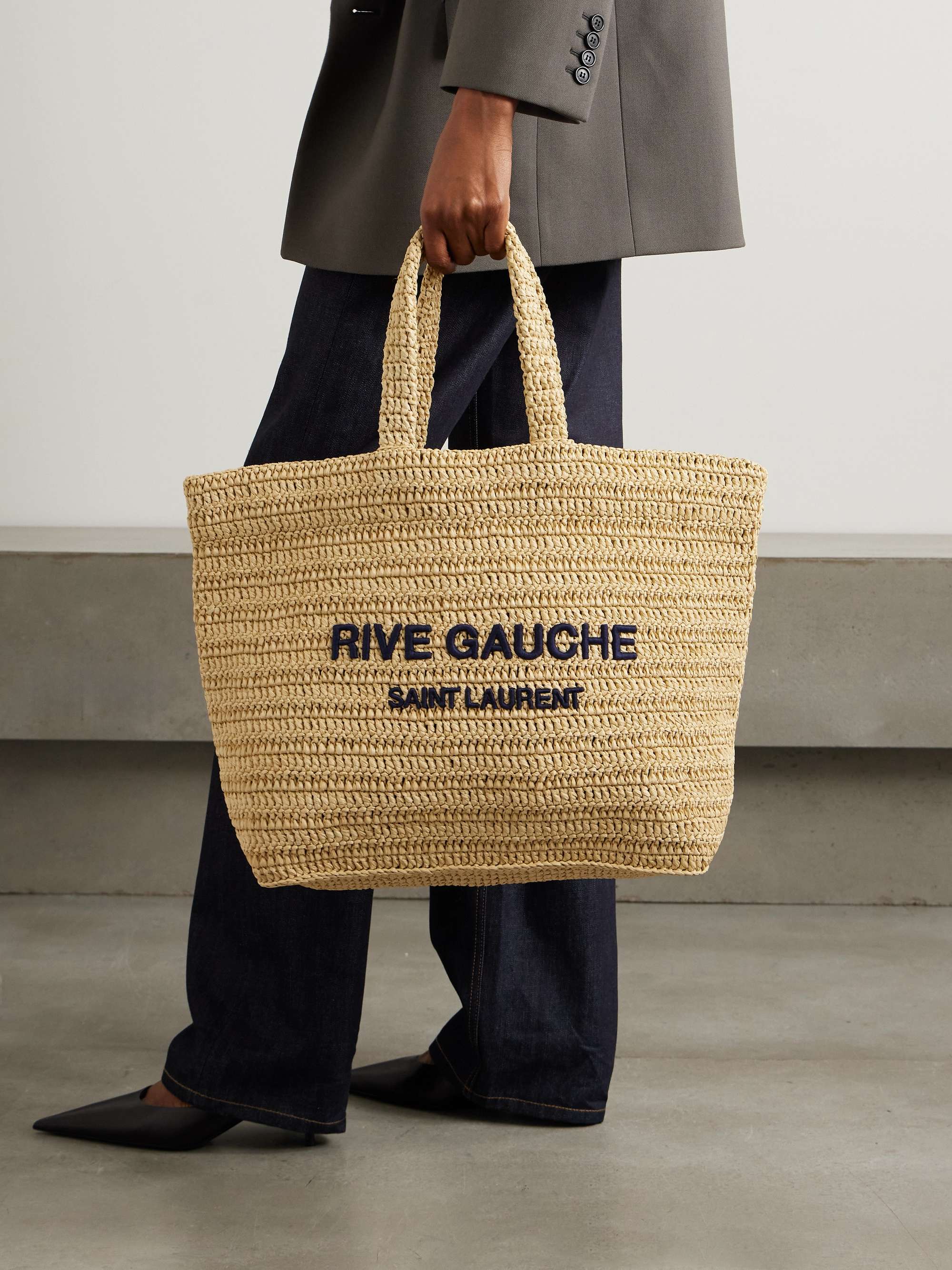 Rive gauche large tote bag in embroidered raffia and leather