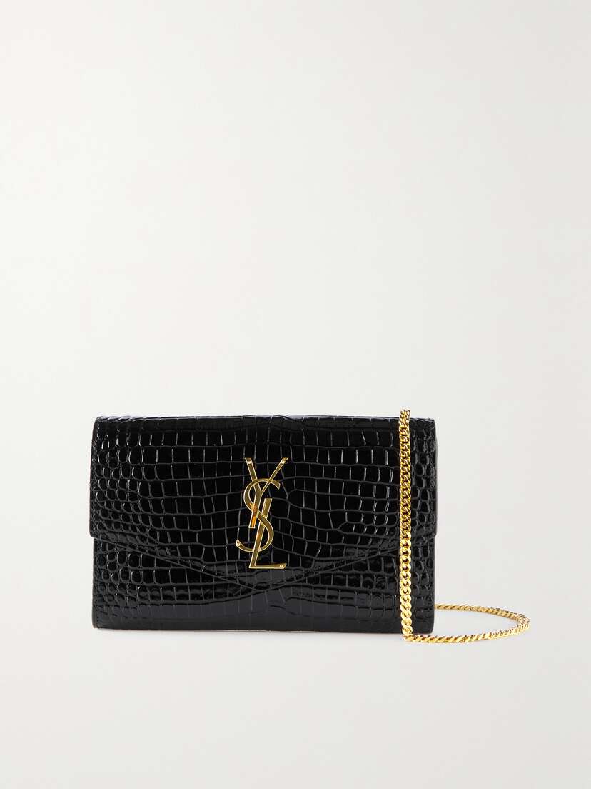 Saint Laurent Uptown Croc-effect Patent-leather Shoulder Bag And Cardholder