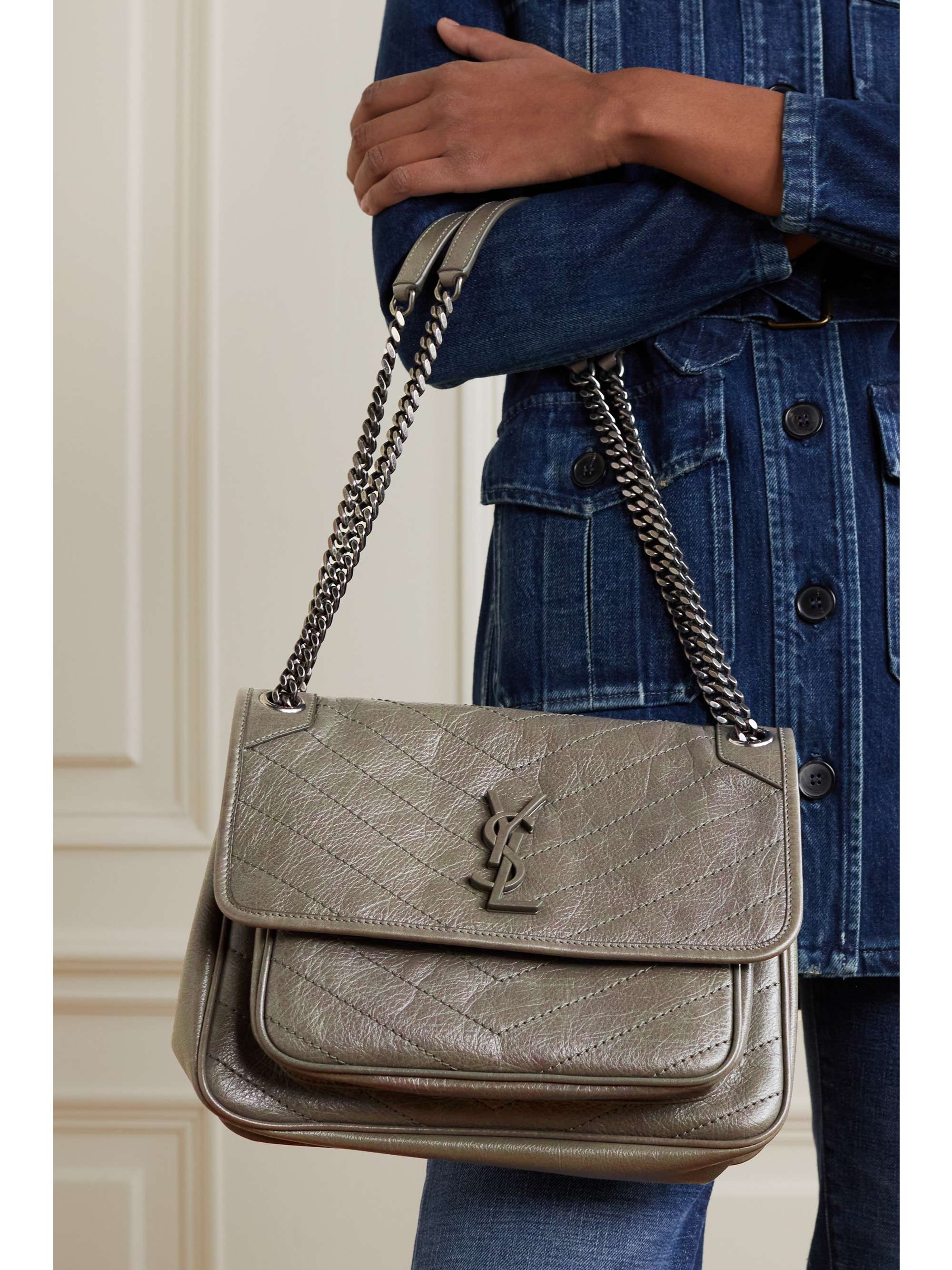 SAINT LAURENT Niki medium quilted crinkledleather shoulder bag NETA