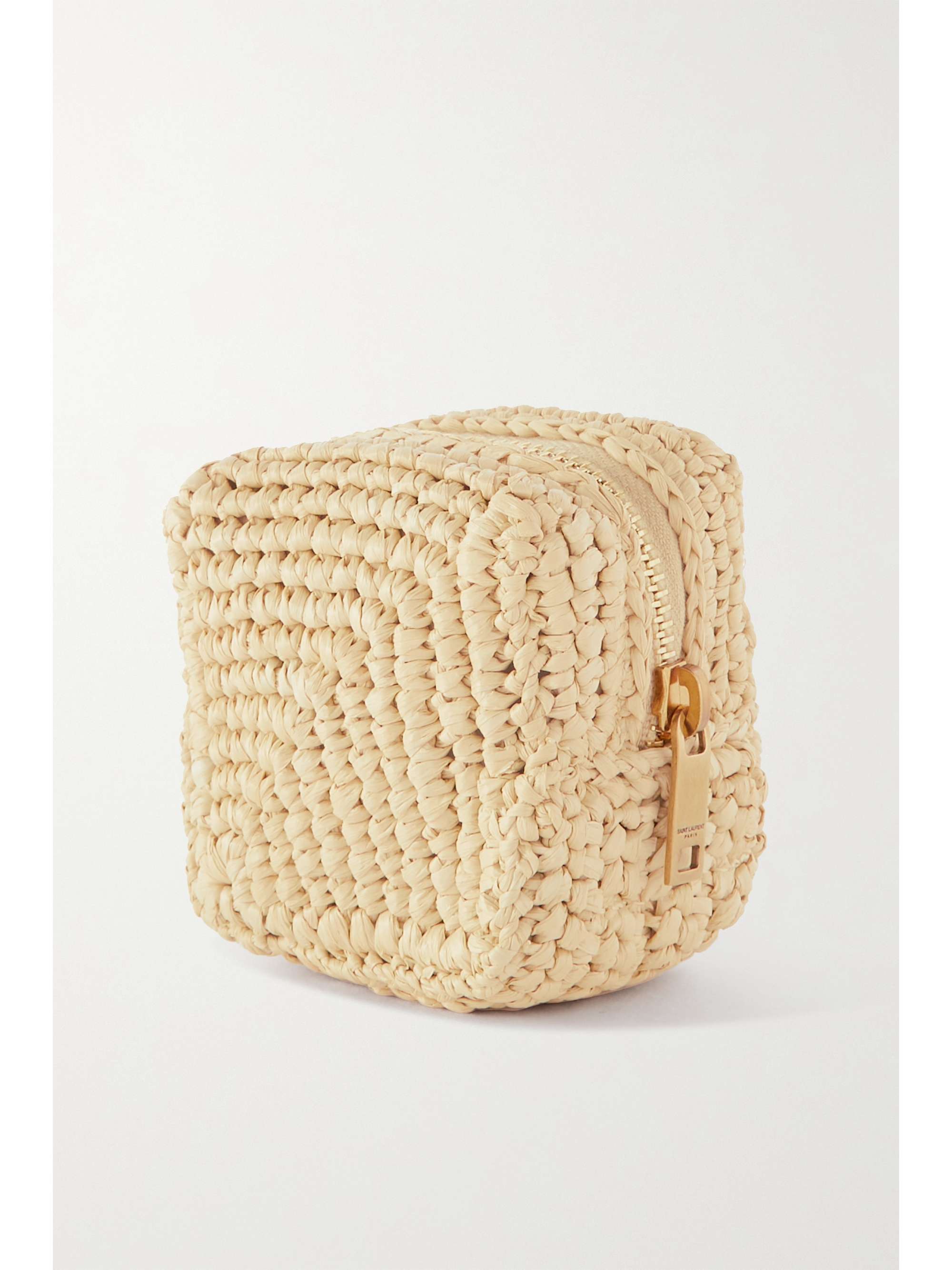 SAINT LAURENT Jamie embellished leather-trimmed raffia coin purse