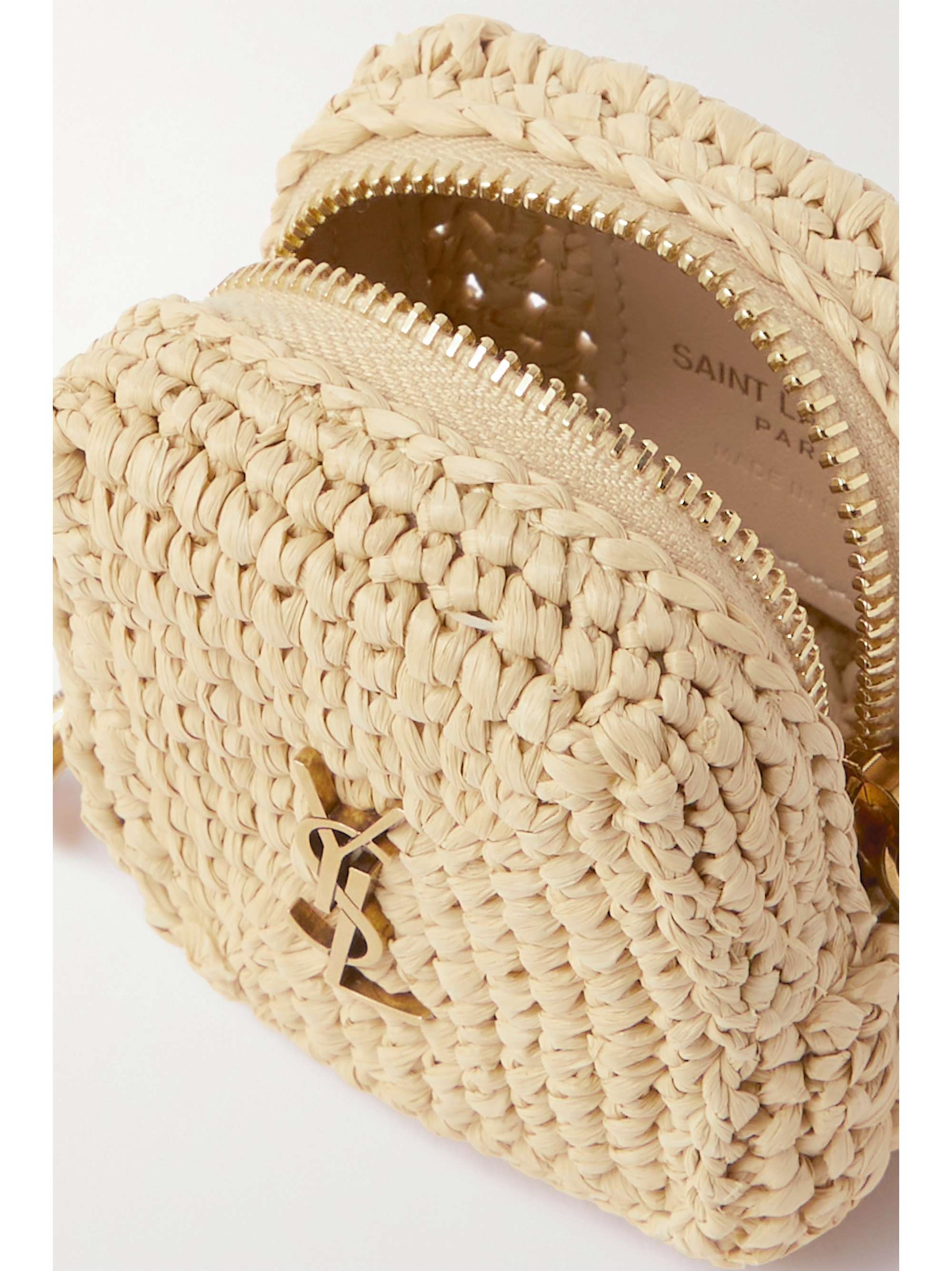 SAINT LAURENT Jamie embellished leather-trimmed raffia coin purse