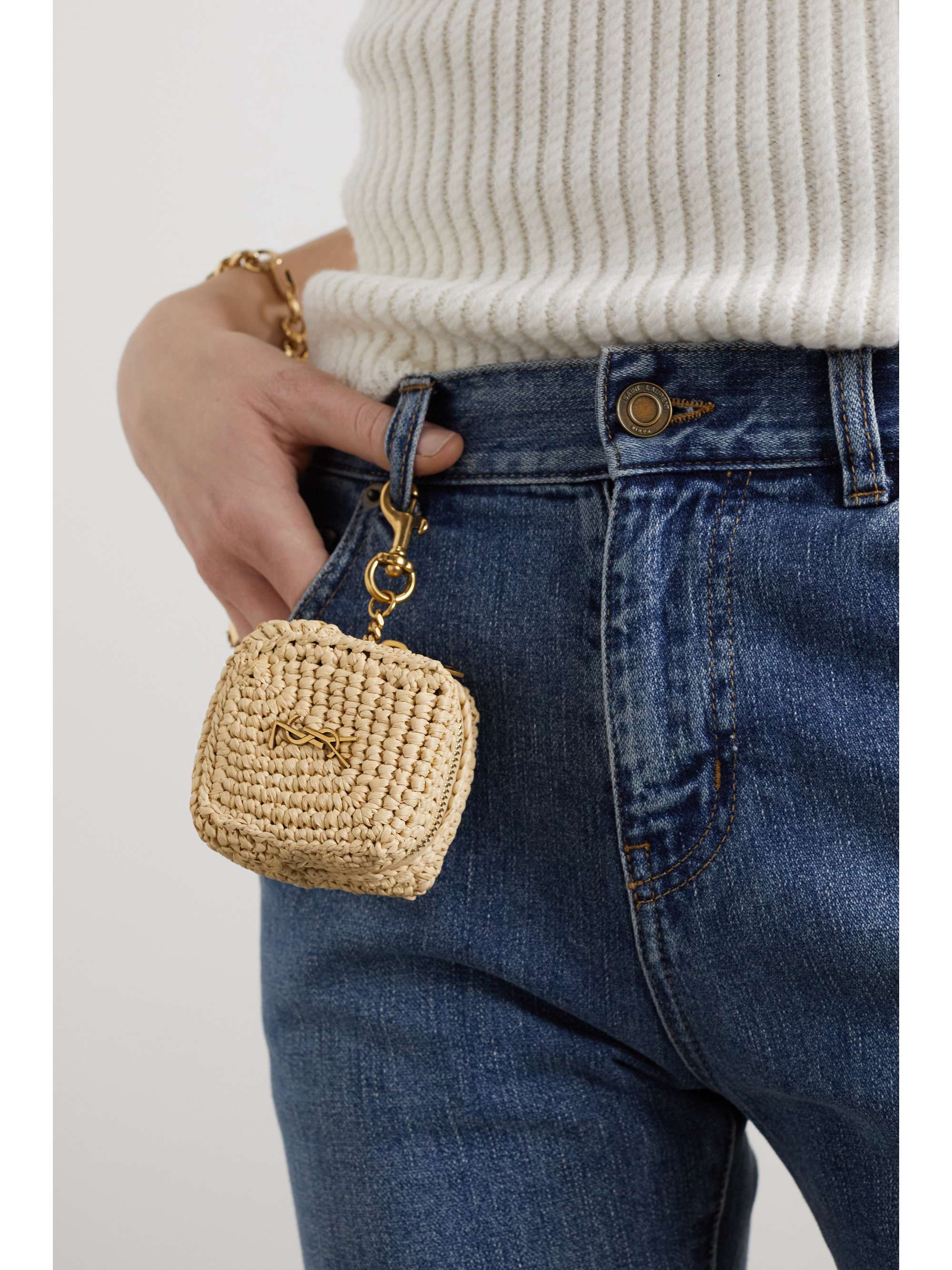 SAINT LAURENT Jamie embellished leather-trimmed raffia coin purse