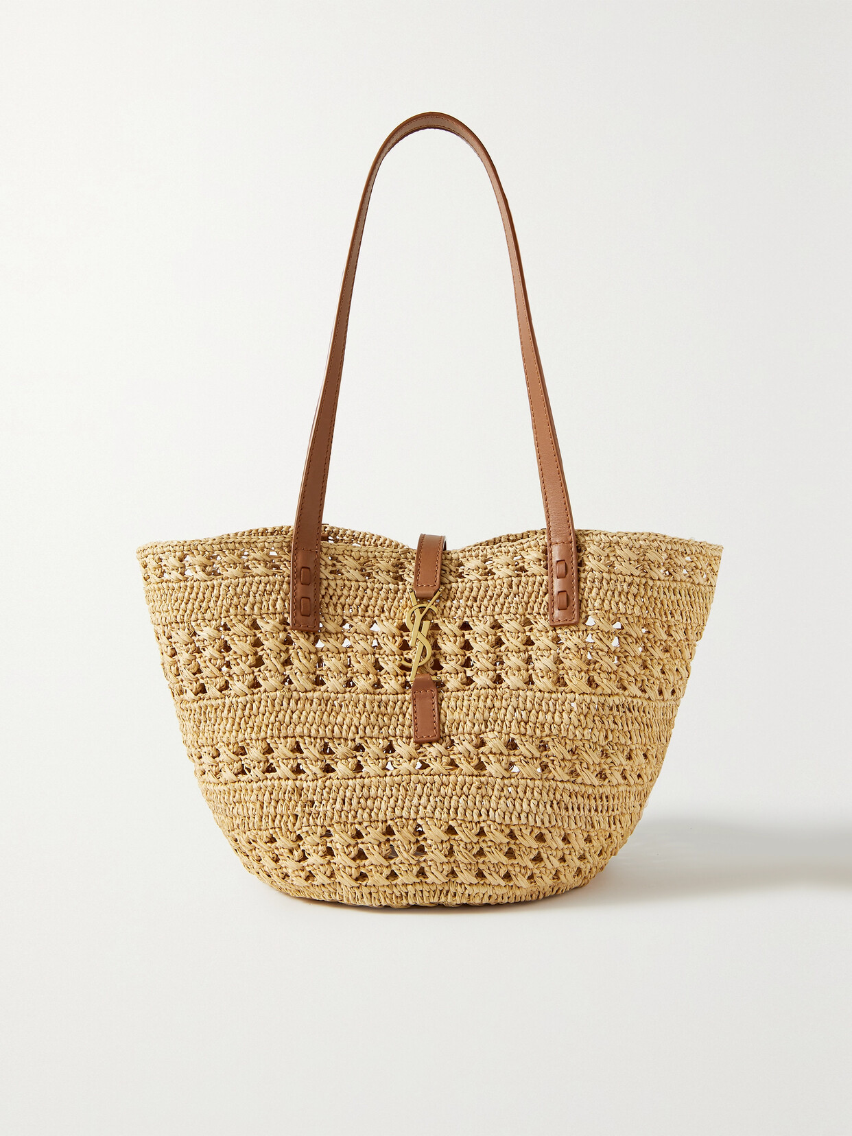 Saint Laurent Panier Small Leather-trimmed Raffia Tote In Brown