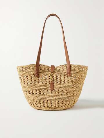 SAINT LAURENT Panier Small Leather-trimmed Raffia Tote