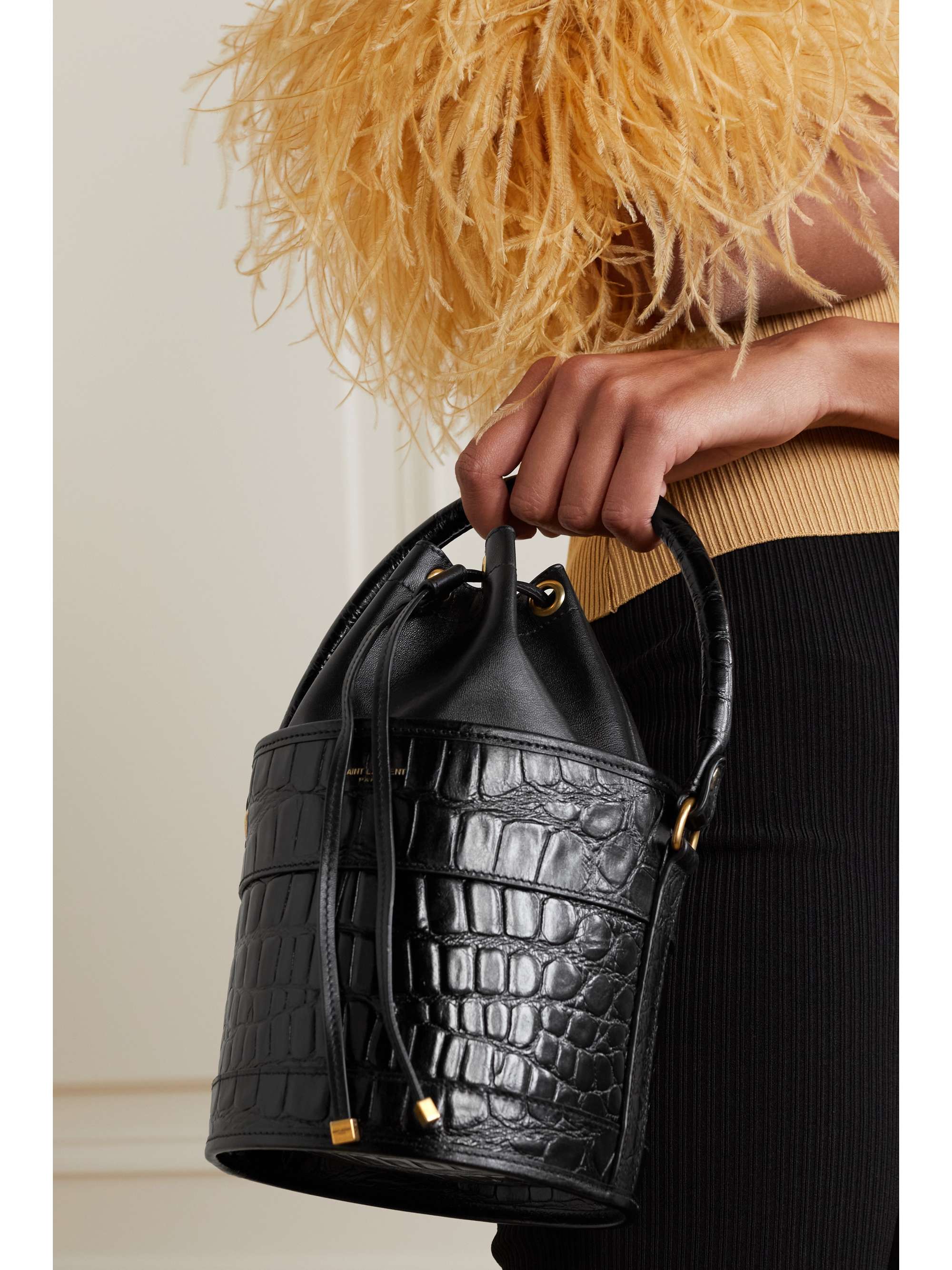 SAINT LAURENT Bahia croc-effect leather bucket bag