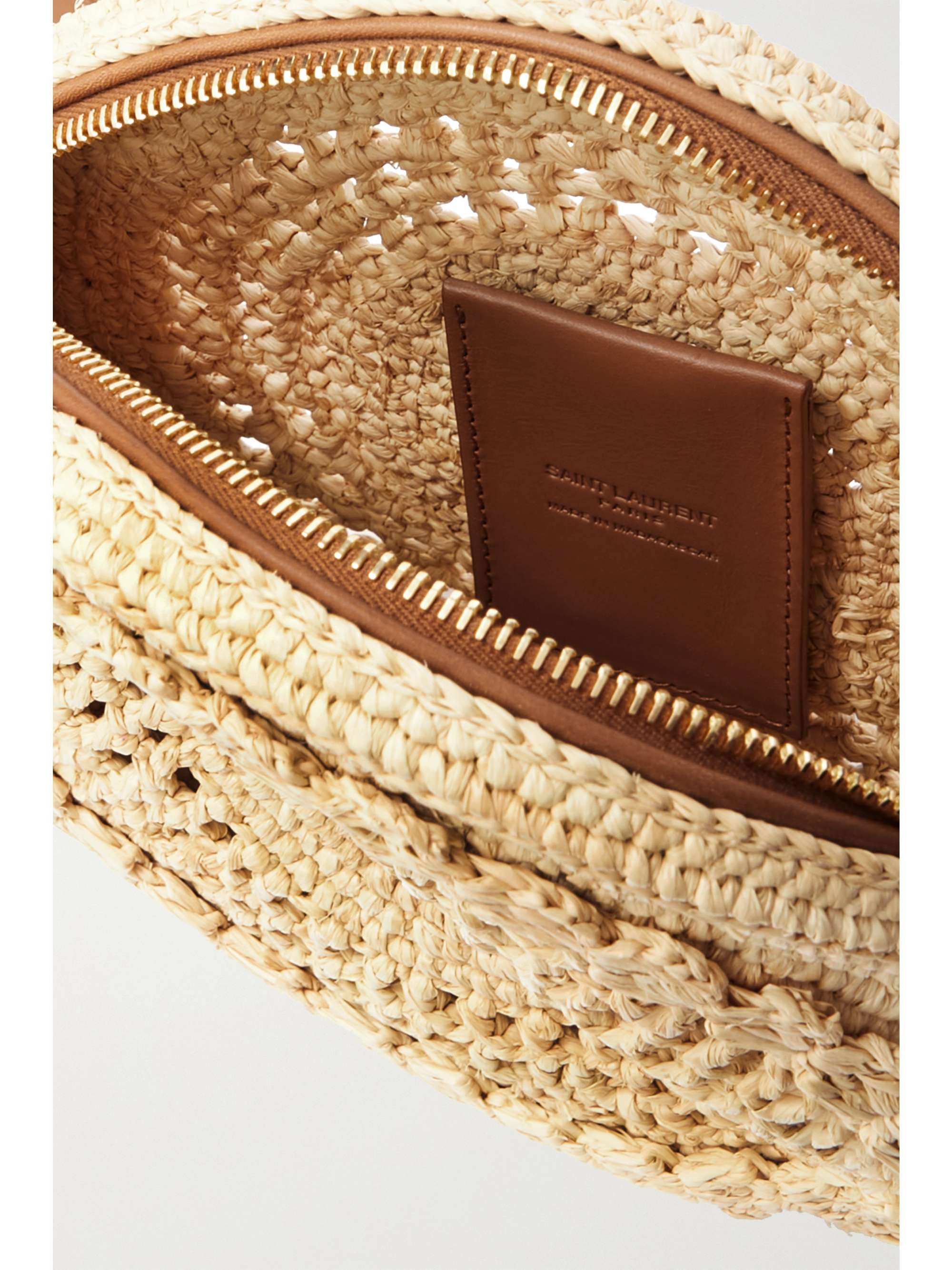 SAINT LAURENT Round leather-trimmed raffia shoulder bag