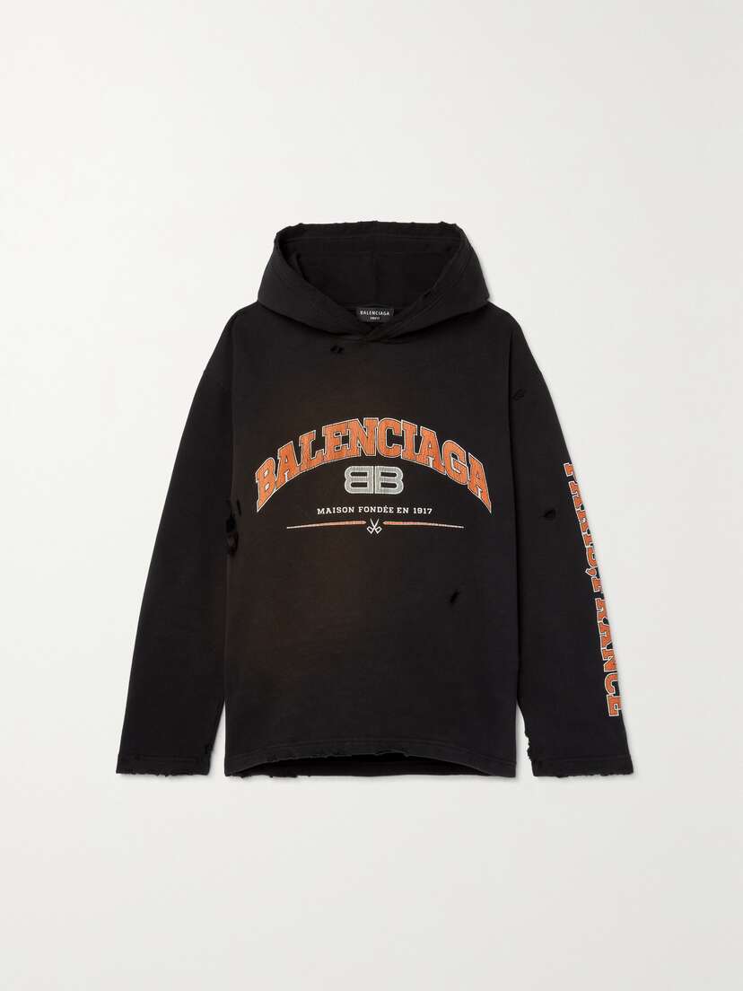 Balenciaga Distressed Printed Cotton-jersey Hoodie