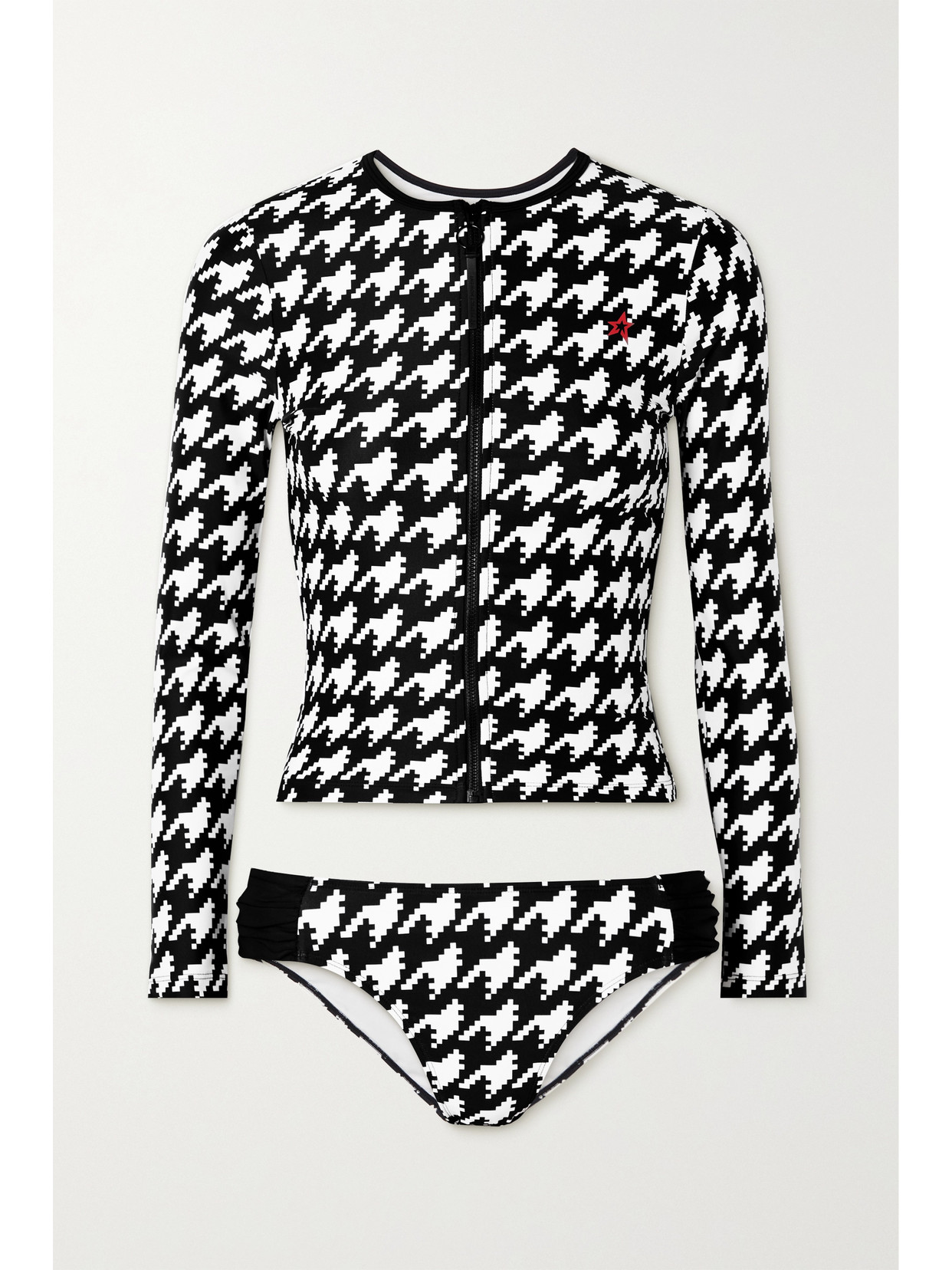 PERFECT MOMENT HOUNDSTOOTH STRETCH RECYCLED RASH GUARD AND BRIEFS SET