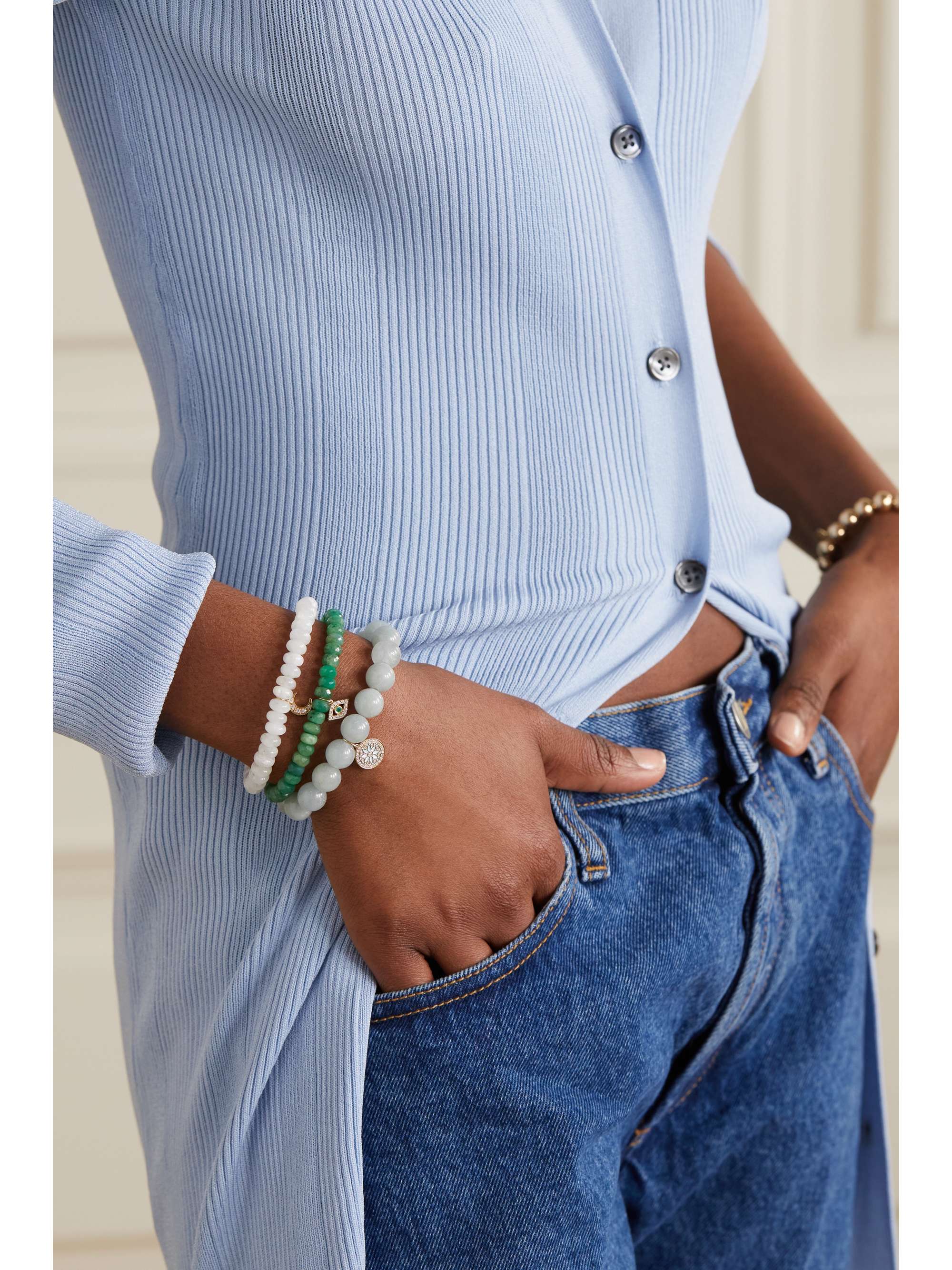 SYDNEY EVAN Star 14-karat gold, moonstone and diamond bracelet