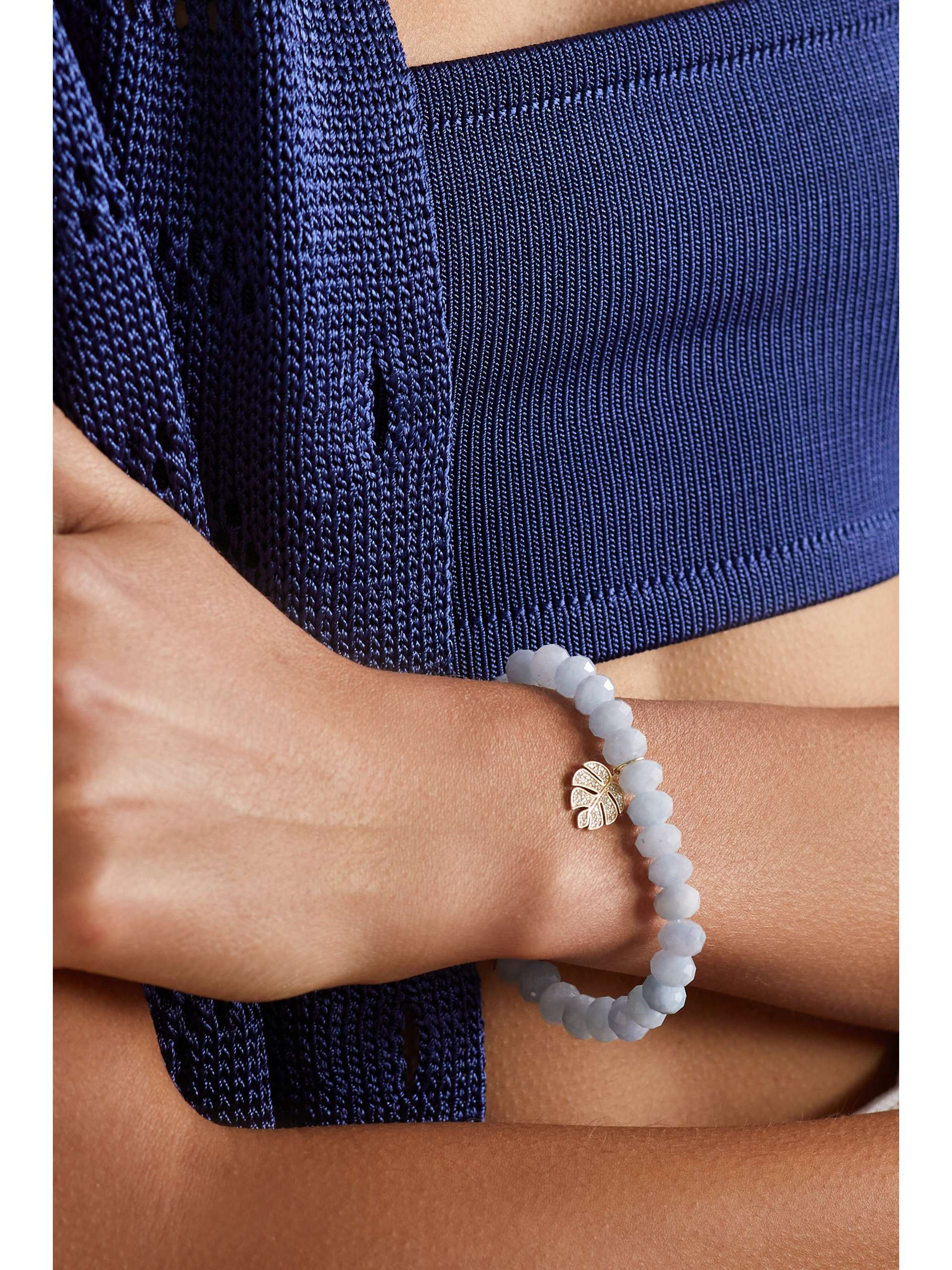 SYDNEY EVAN Medium Monstera Leaf 14-karat gold, aquamarine and diamond bracelet