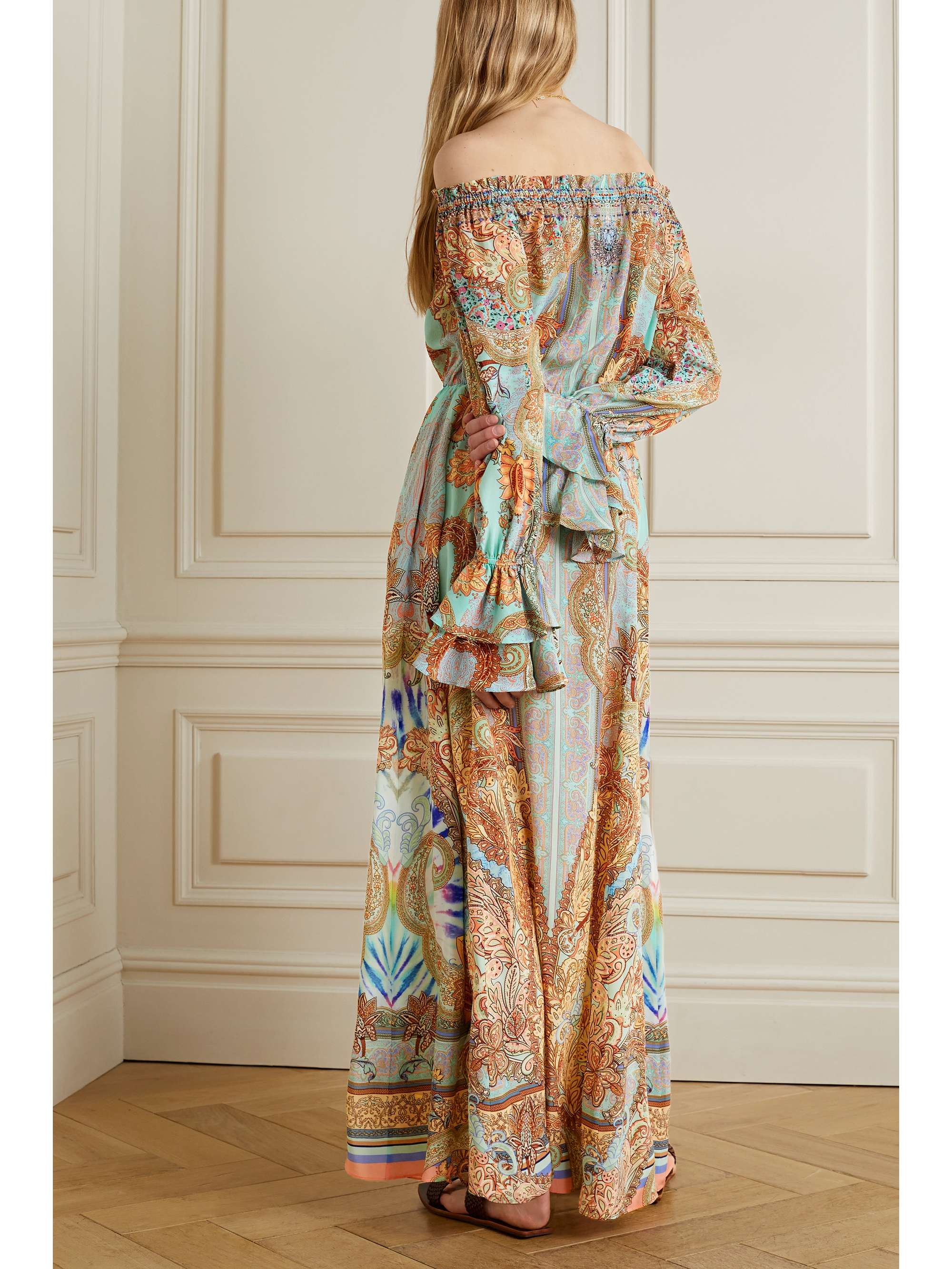 CAMILLA Off-the-shoulder embellished printed silk crepe de chine maxi dress