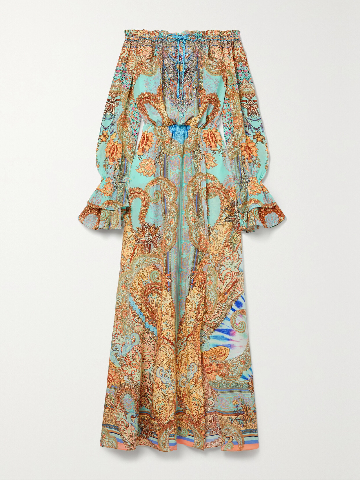 Camilla - Off-the-shoulder Embellished Printed Silk Crepe De Chine Maxi Dress - Blue 22 Awaiting product image