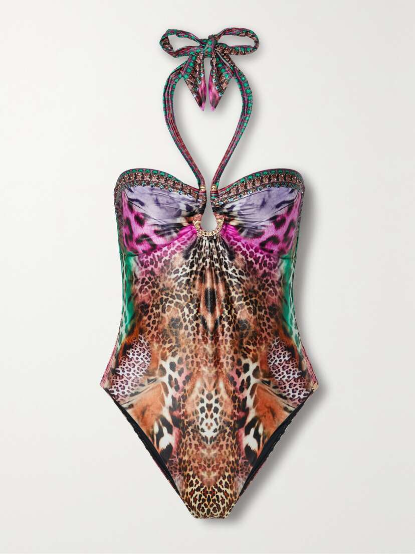 Camilla Embellished Printed Halterneck Swimsuit - x large
