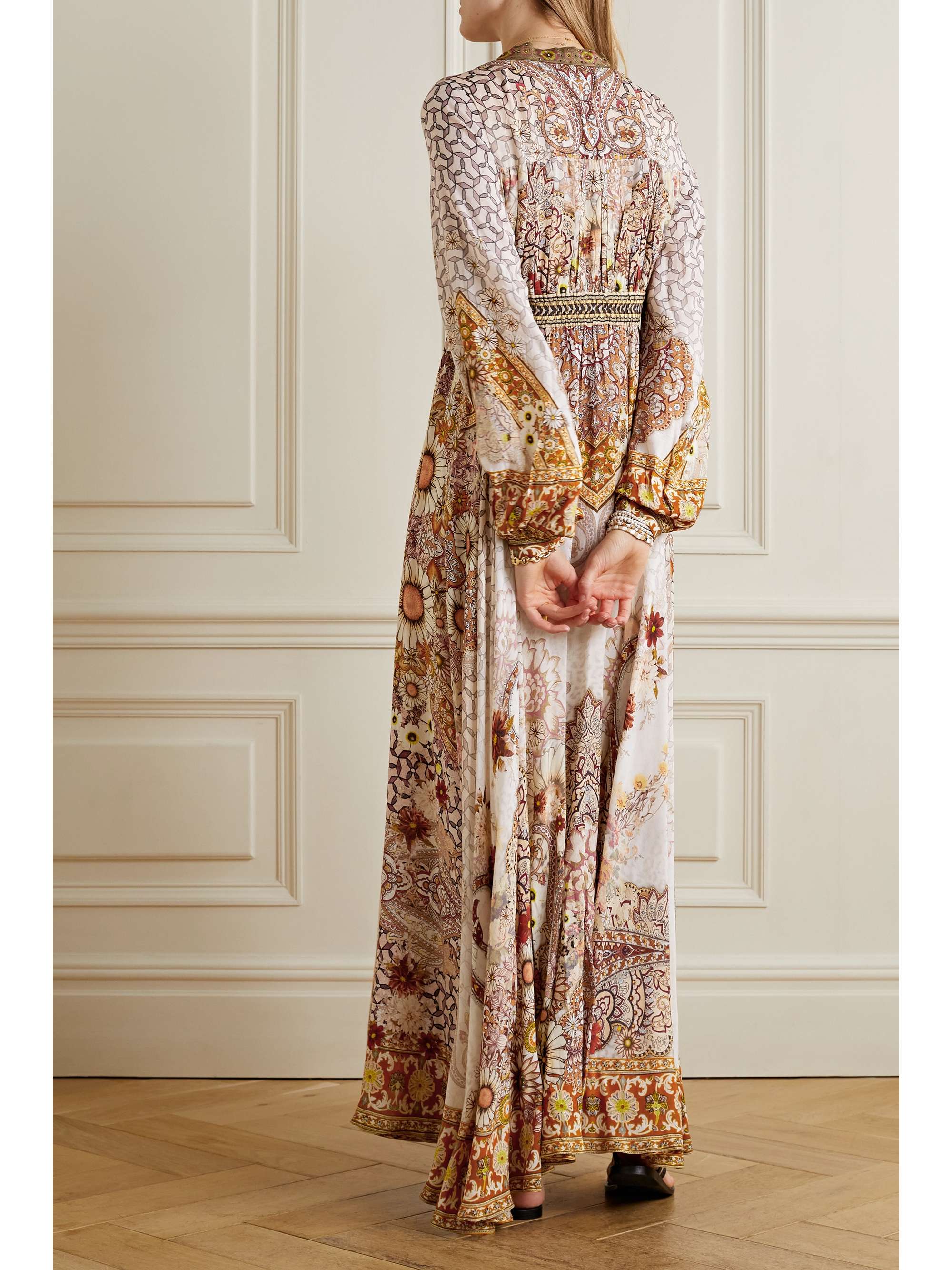 CAMILLA Tie-detailed embellished printed woven maxi dress