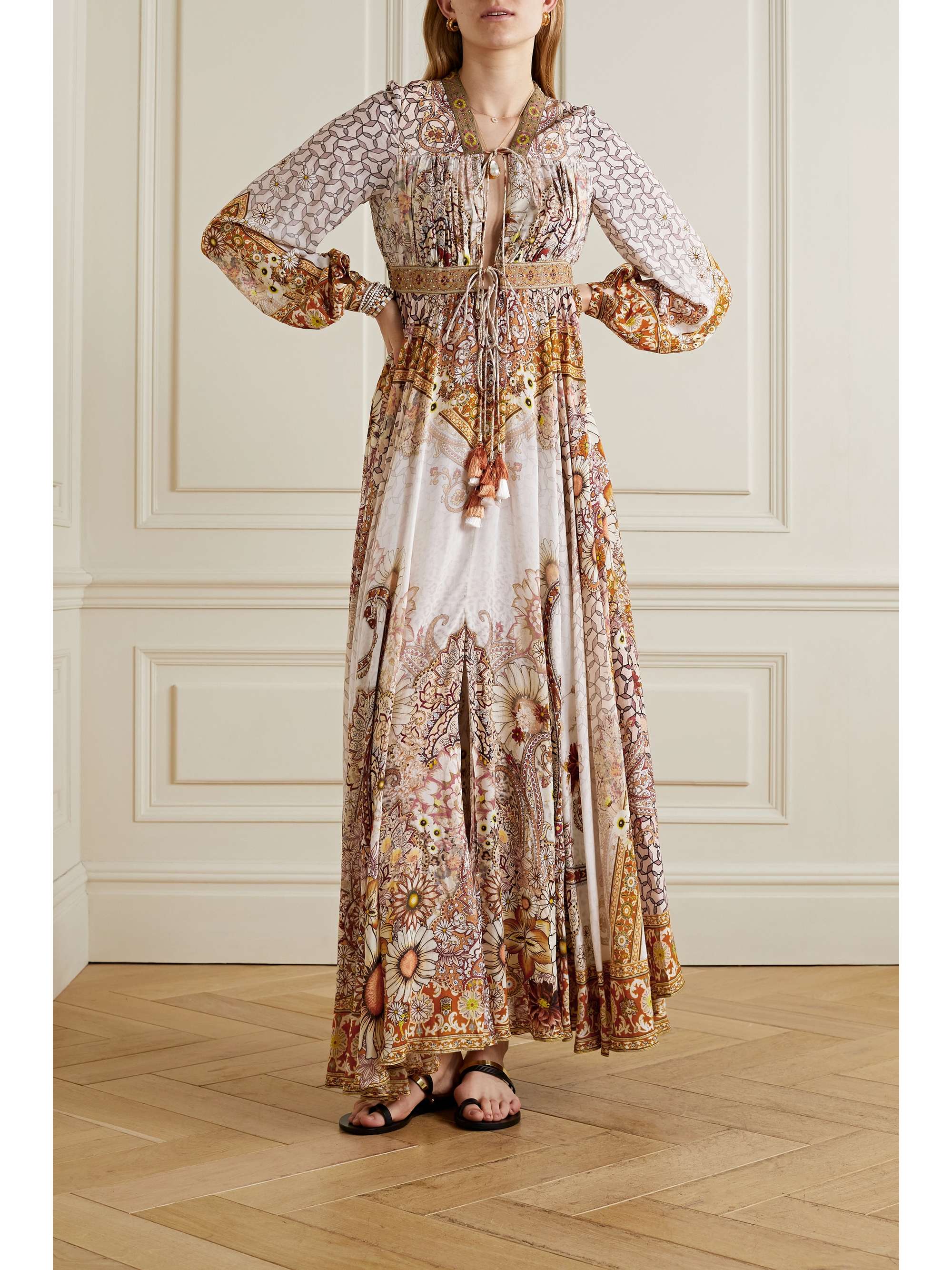 CAMILLA Tie-detailed embellished printed woven maxi dress