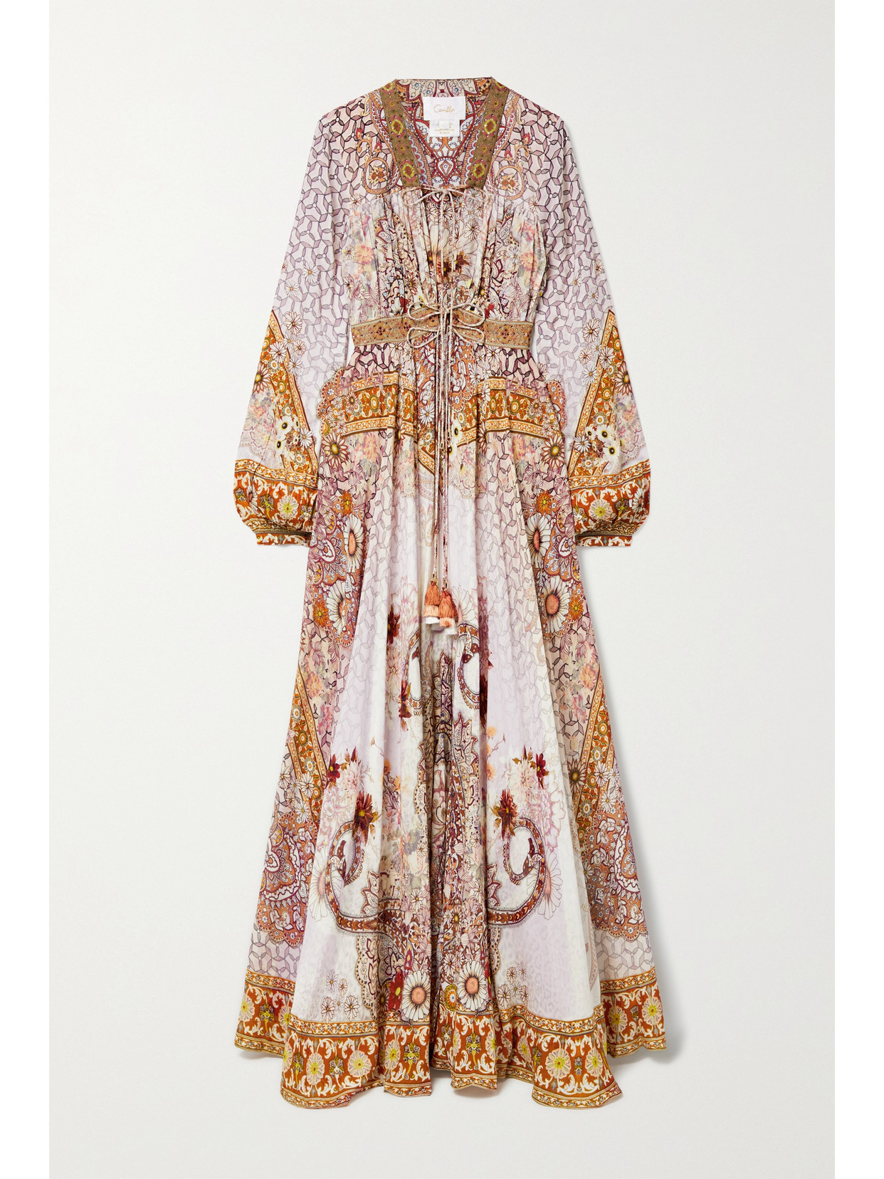 Camilla - Tie-detailed Embellished Printed Woven Maxi Dress - Brown 22 Awaiting product image