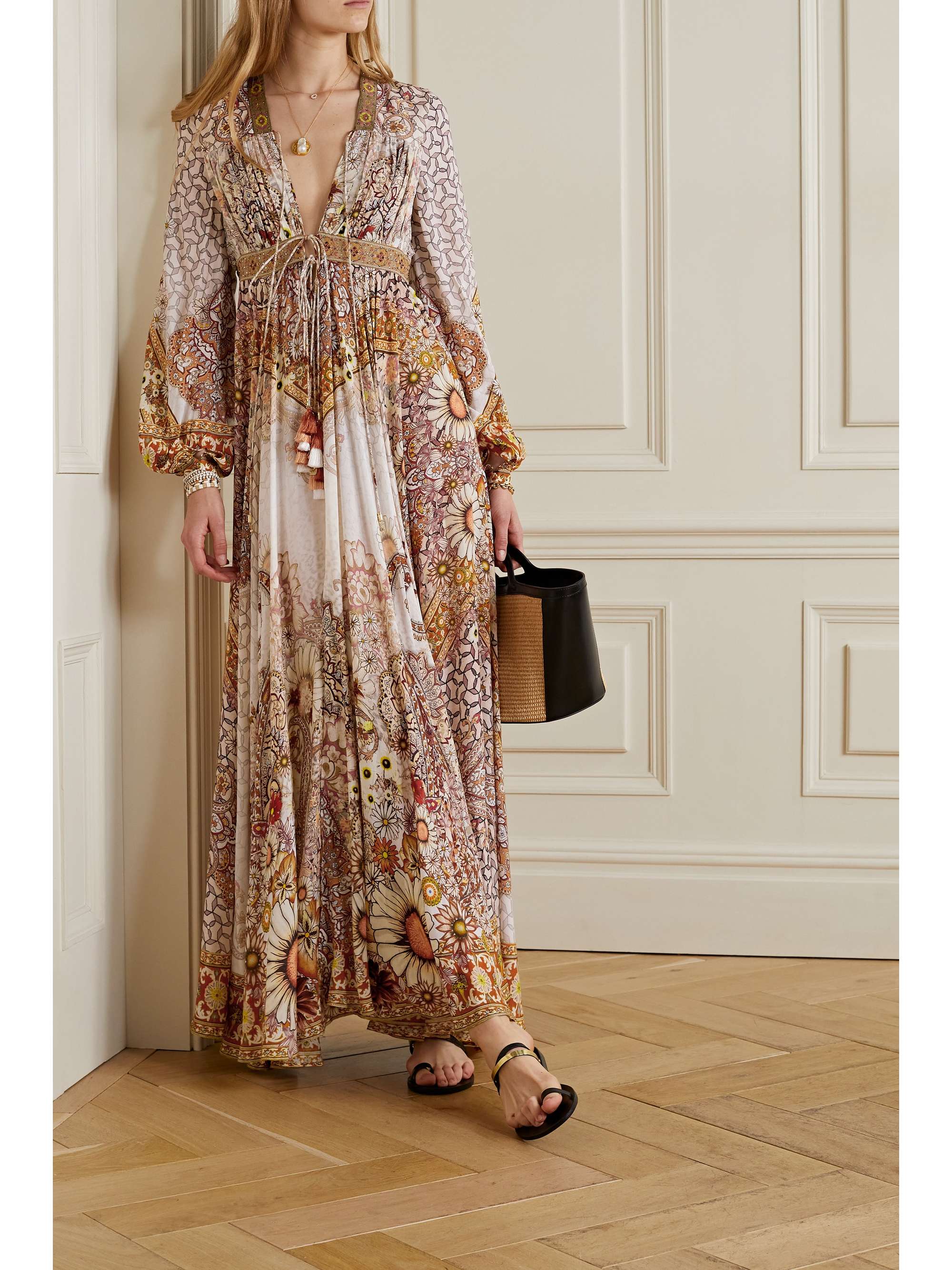 CAMILLA Tie-detailed embellished printed woven maxi dress