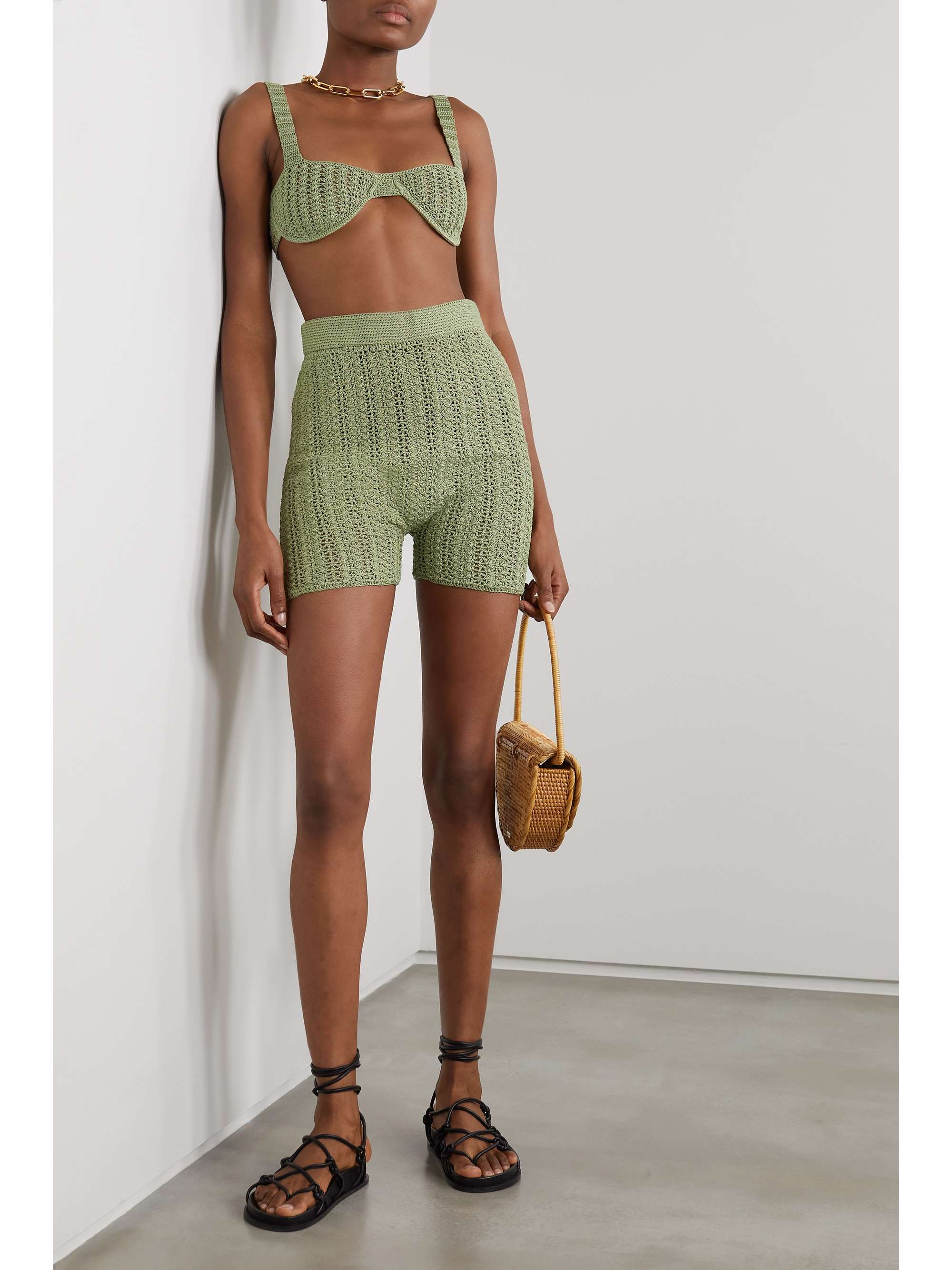 olive green Hand-crocheted shorts with a high-rise waist, woven for full coverage. 
