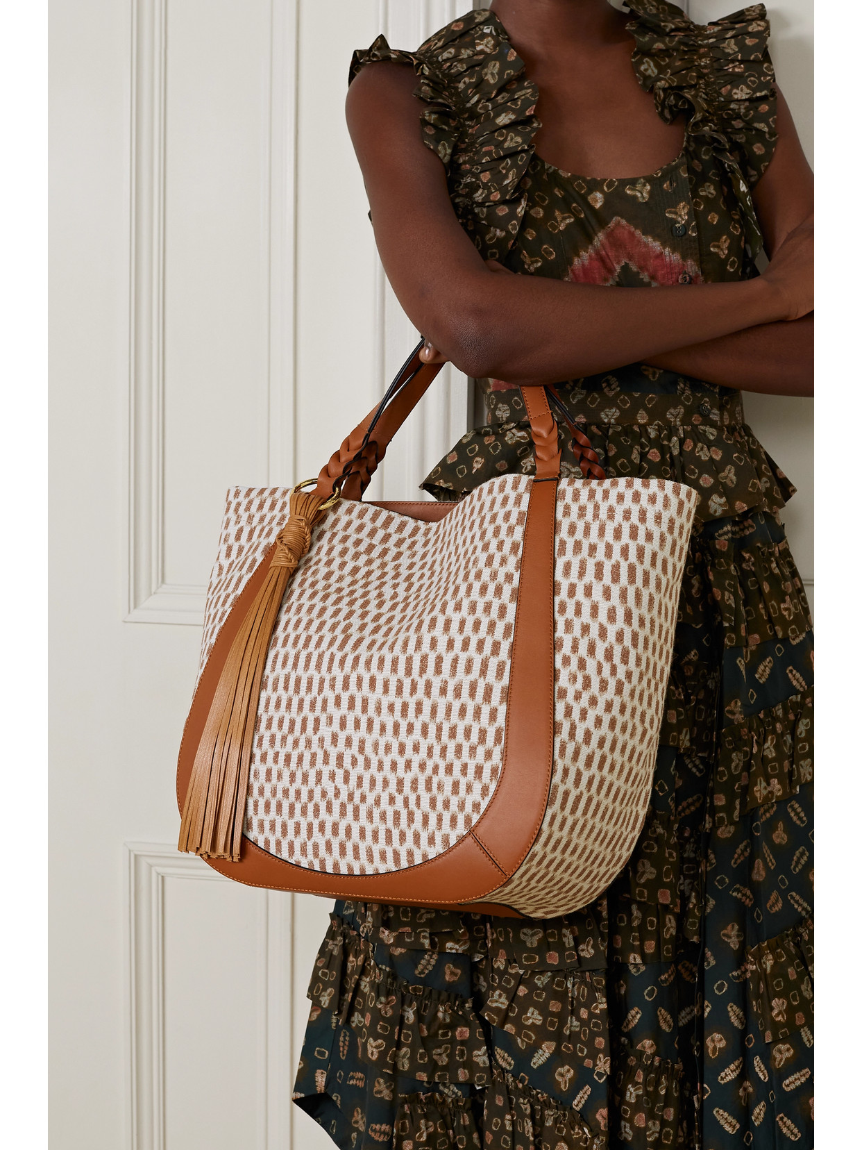 ULLA JOHNSON ALBERS LEATHER-TRIMMED COTTON-JACQUARD TOTE