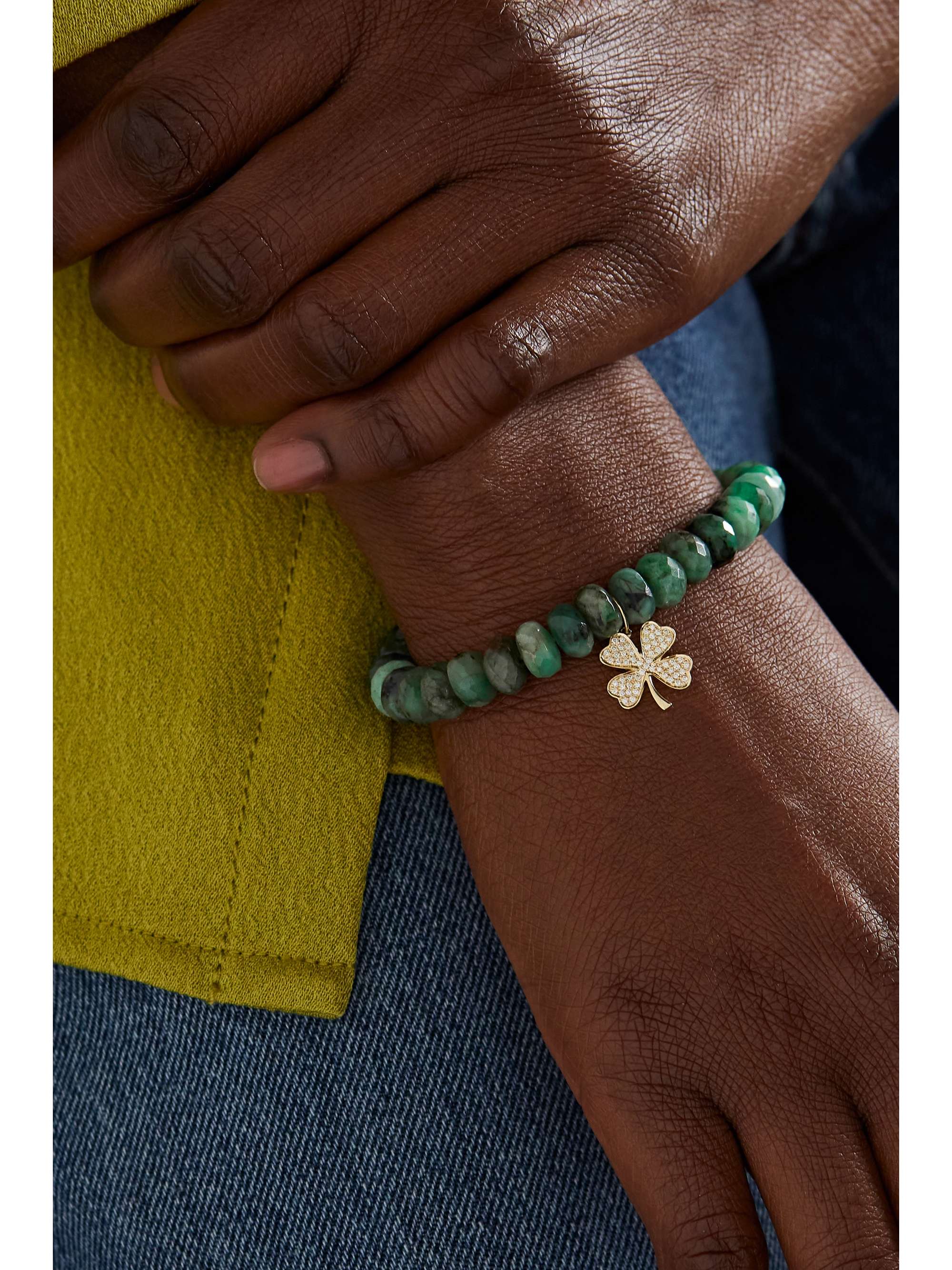 SYDNEY EVAN Clover 14-karat gold, emerald and diamond bracelet