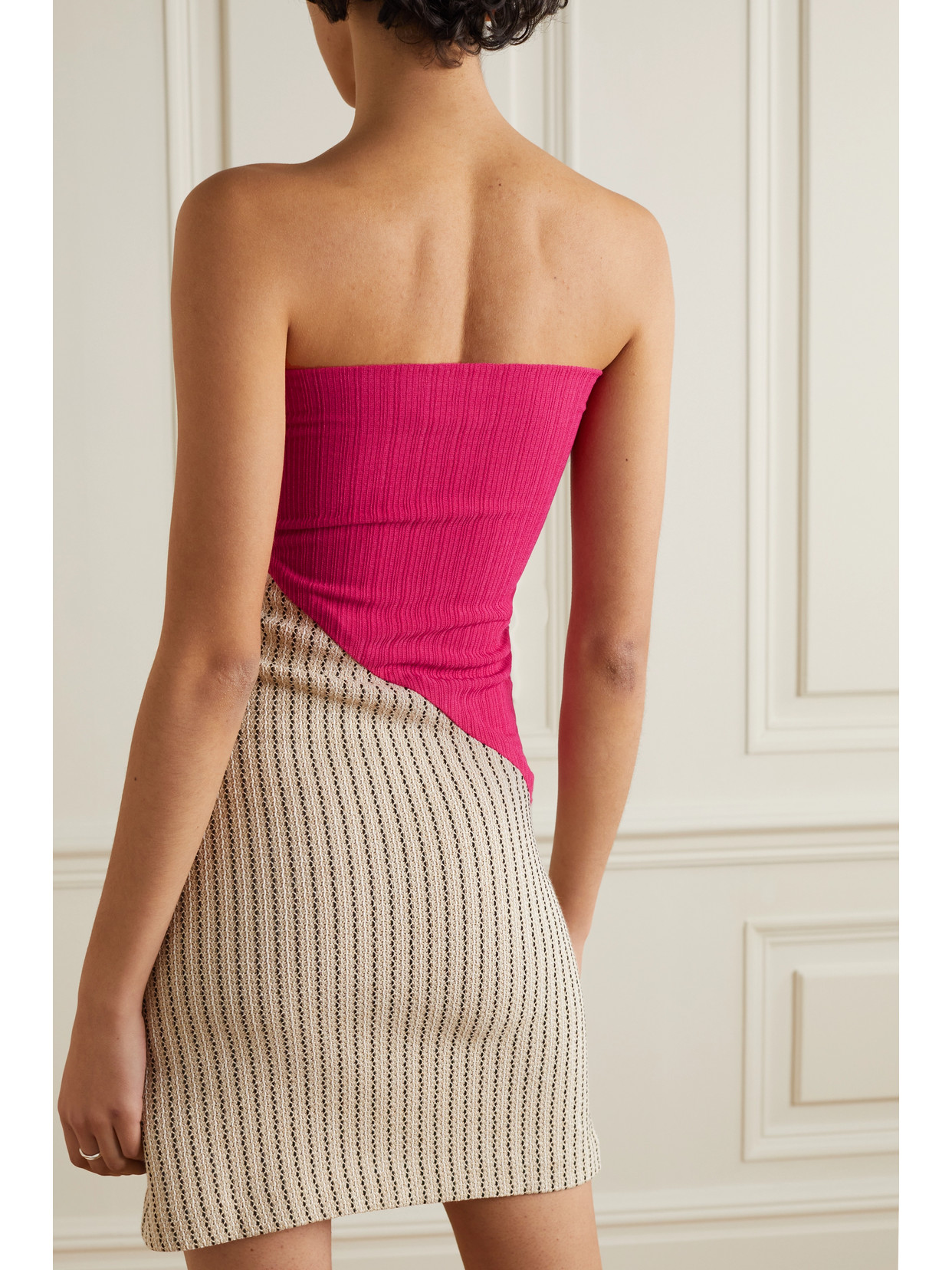 Aaizél Strapless Paneled Ribbed And Crochet-knit Mini Dress In Pink