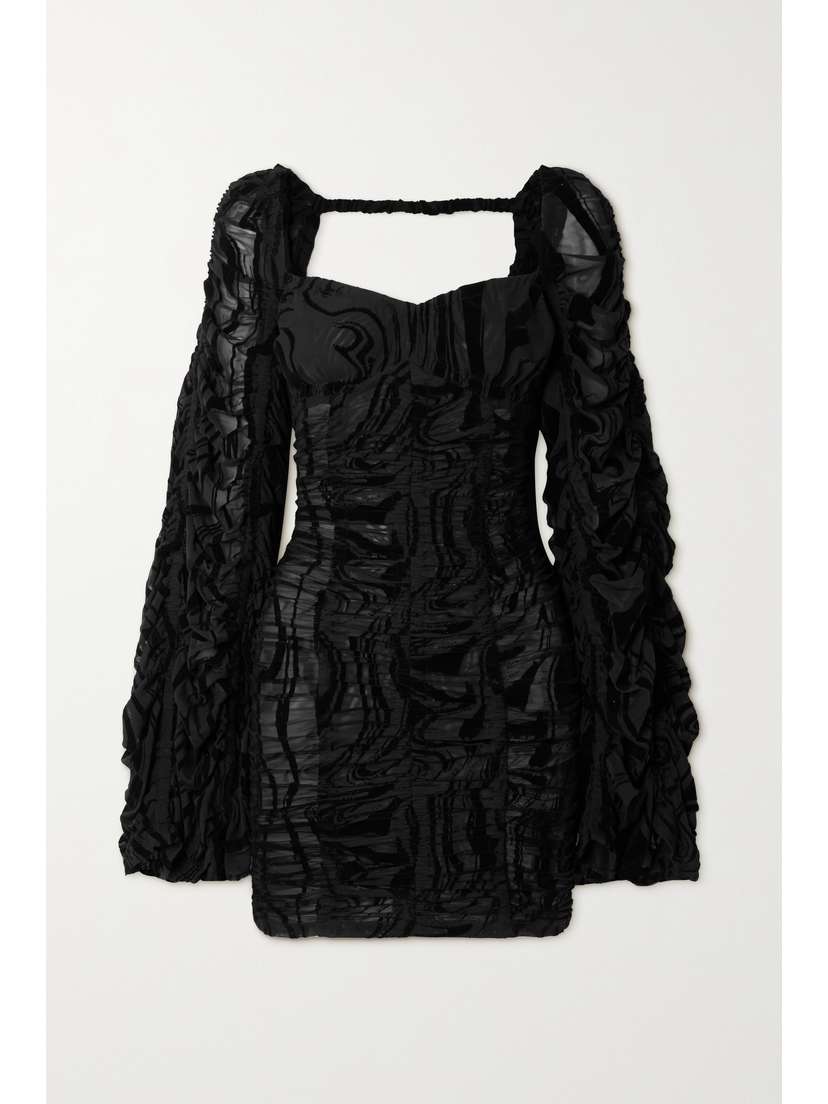 ROTATE Birger Christensen Rikke Ruched Flocked Mesh Mini Dress