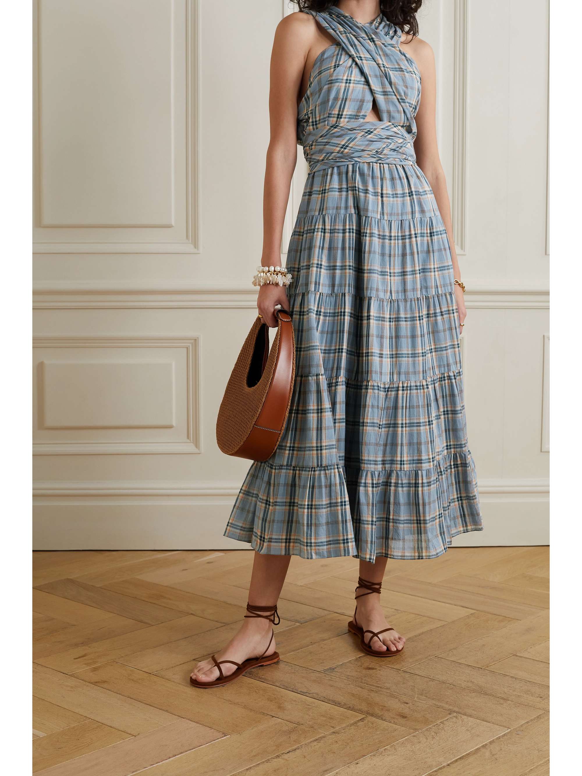 Blue Noelle wrap-effect tiered checked 