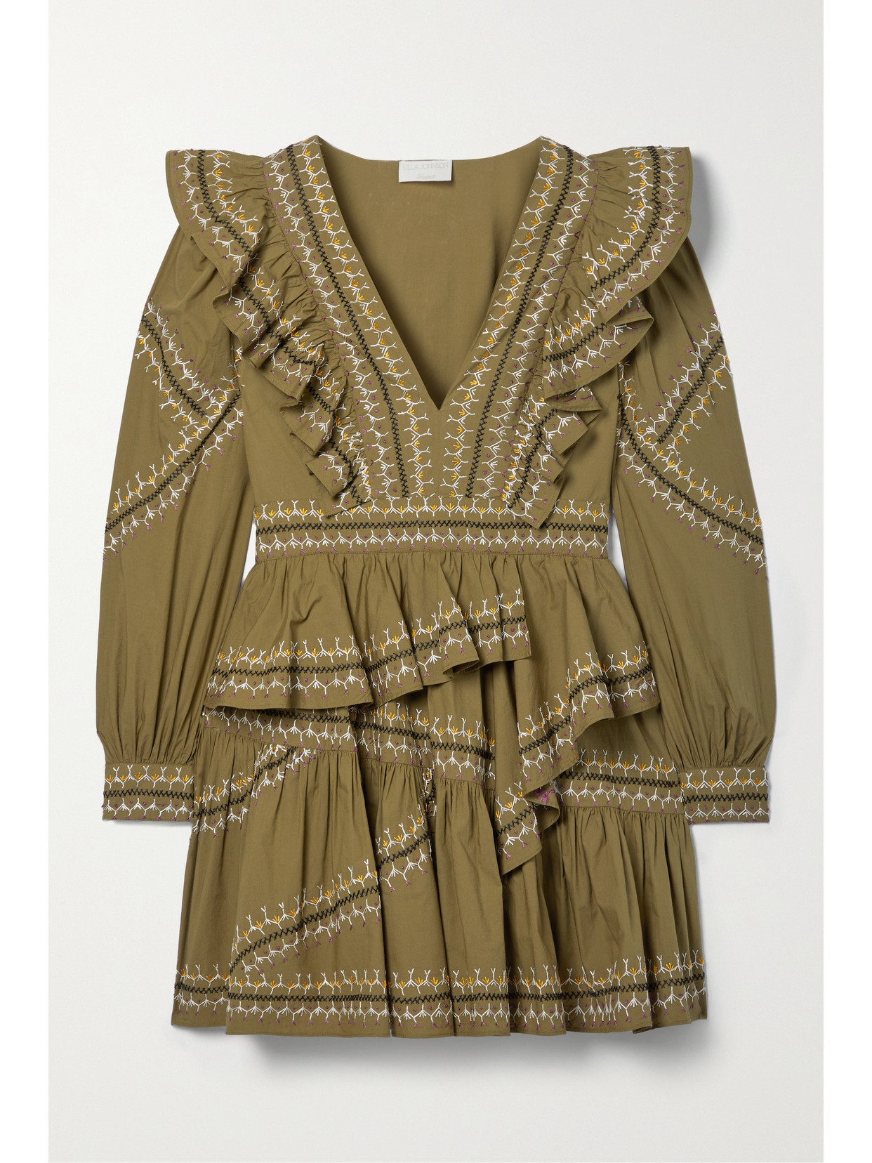 Ulla Johnson Anais Ruffled Embroidered Cotton-poplin Mini Dress In Green