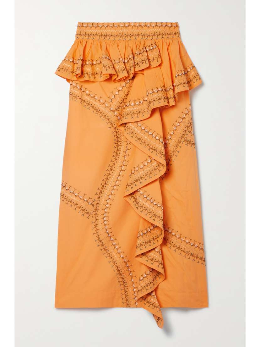 Ulla Johnson Ruffled Embroidered Cotton-poplin Midi Skirt