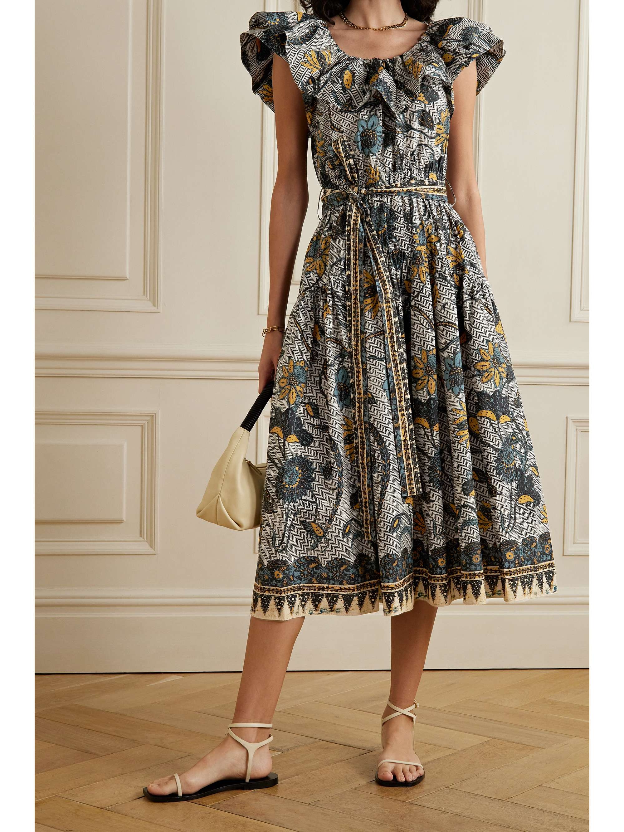 ULLA JOHNSON Amira belted ruffled printed cotton-poplin midi dress |  NET-A-PORTER